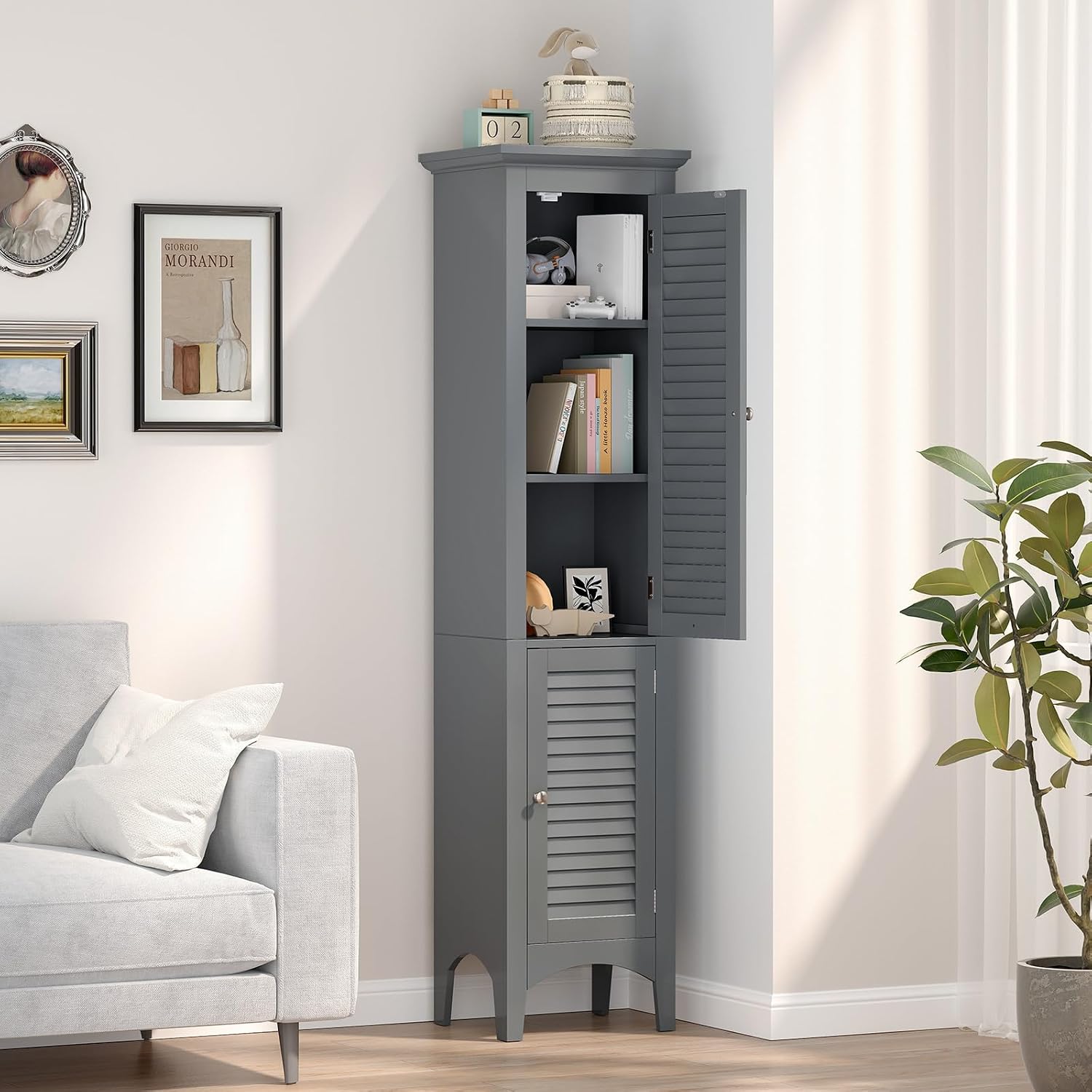 Tangkula 63' Tall Bathroom Storage Cabinet, Freestanding Narrow Linen Tower with Adjustable Shelf, Modern Slim Floor Cabinet with 2 Doors for Bathroom, Living Room, Kitchen (Grey)