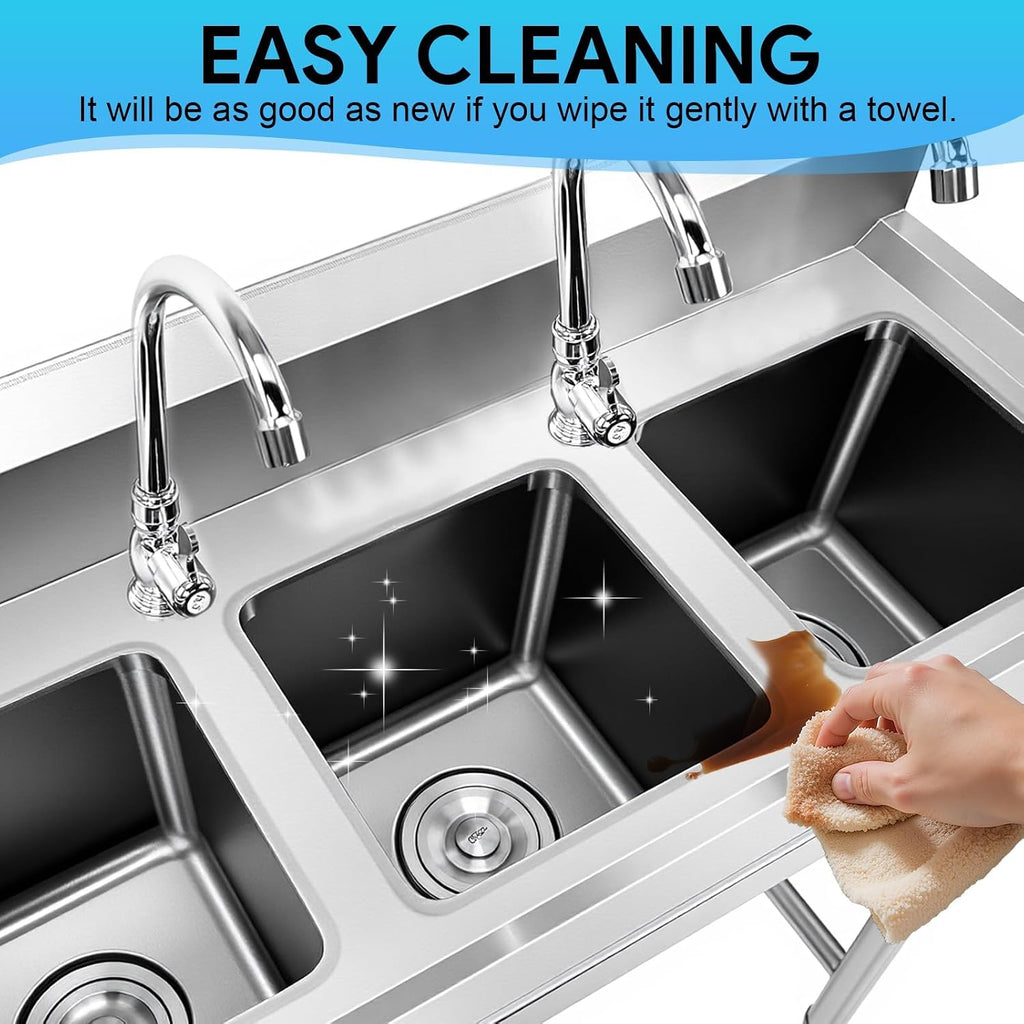 3 Compartment Stainless Steel Sink, 39'' × 18'' × 36'' Commercial Utility Sink, Free Standing Three Bowl Kitchen Sink Set with 2 Faucets Hot & Cold Water Pipes for Food Truck, Bar, Restaurant