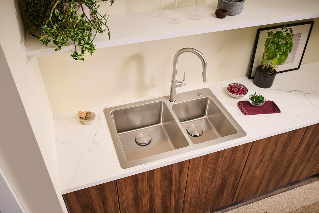 Ruvati 33 x 22 inch Drop-in Topmount Kitchen Sink - 16 Gauge Stainless Steel 60/40 Double Bowl Kitchen Sink with Brushed Finish hides scratches, Easy-to-Clean Drop-in kitchen Sink - RVM5166