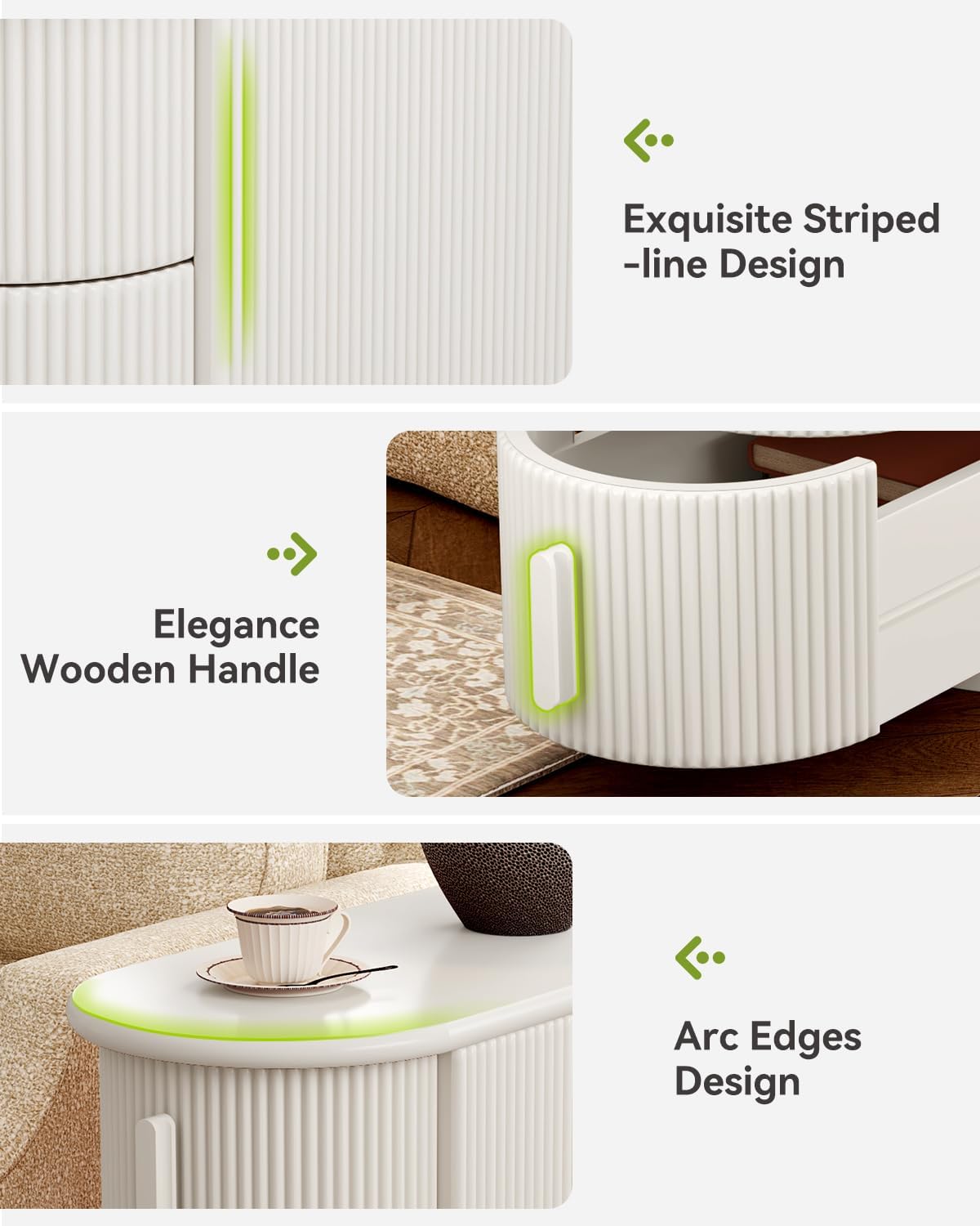 LITTLE TREE End Table with 3 Drawers, No Assembly Required & Closed Back Side Table, Mid-century Modern Sofa Side Table, White Side End Table for Living Room, Slim Nightstand Bedside Table for Bedroom
