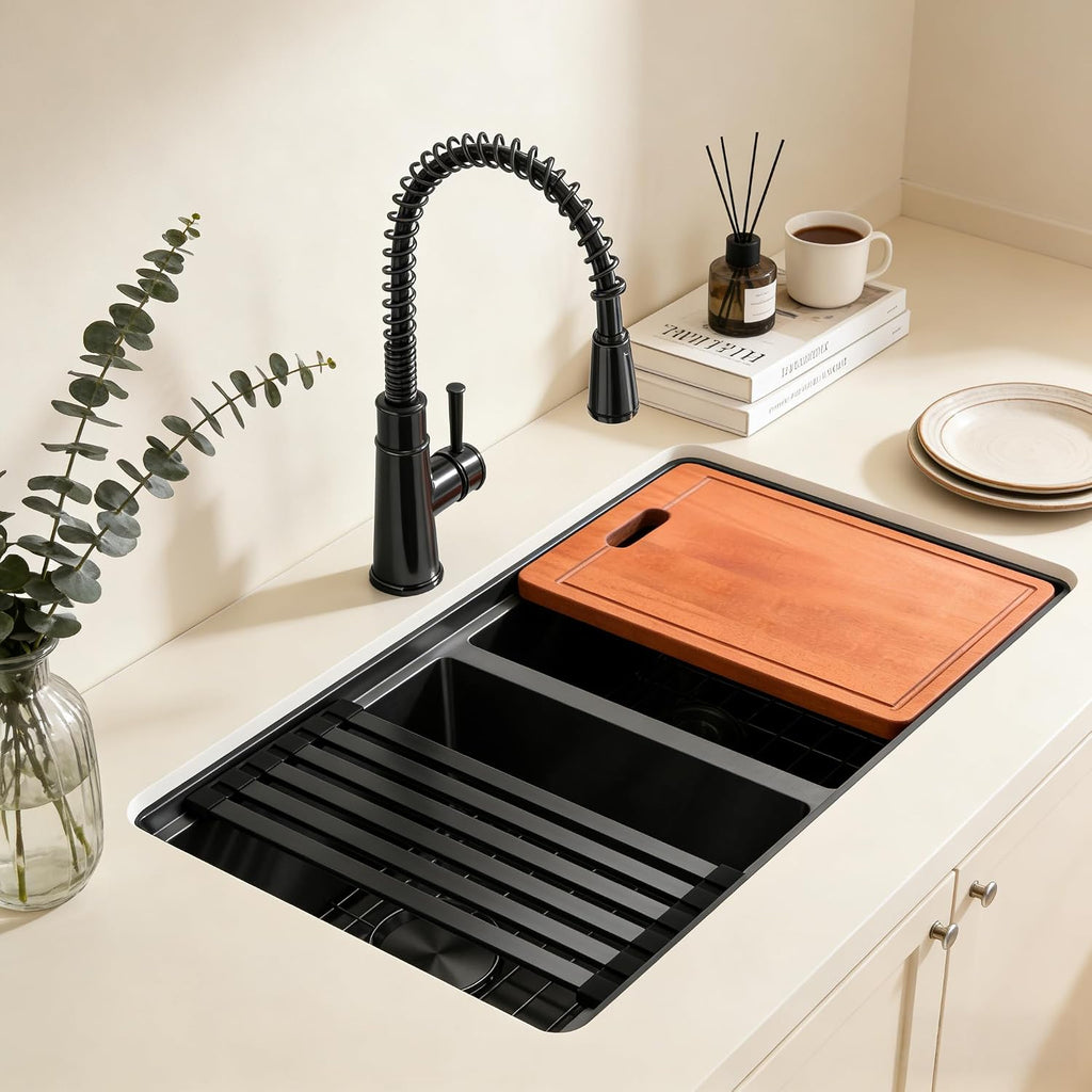 MILOSEN Black Double Bowl Kitchen Sink, 30x18 Inch T304 Stainless Steel Undermount Workstation Sink, 50/50 Double Bowl 10 Inch Deep Handmade Kitchen Sinks, Undermount Black Sinks with Accessories