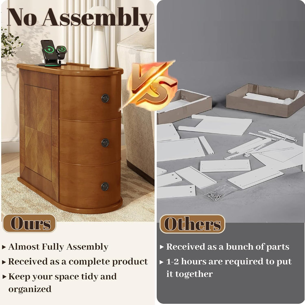 Wood Narrow End Table with Charging Station, 3-Drawer Tall Side Table Slim Sofa Chair Couch Accent Tables for Small Spaces,Living Room, Bedroom, Fully Assembled, Brown