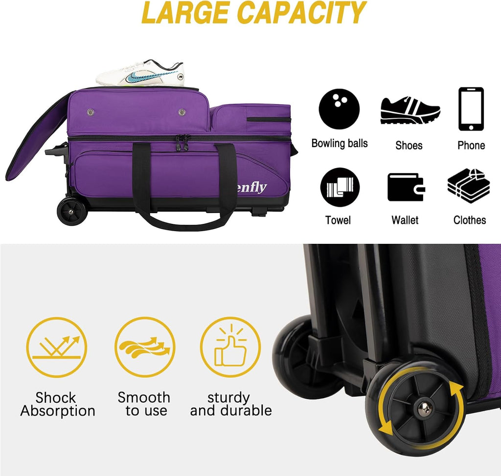 Triple Roller Bowling Bag with Wheels, Heavy Duty 3 Ball Bag for League & Recreational Bowlers