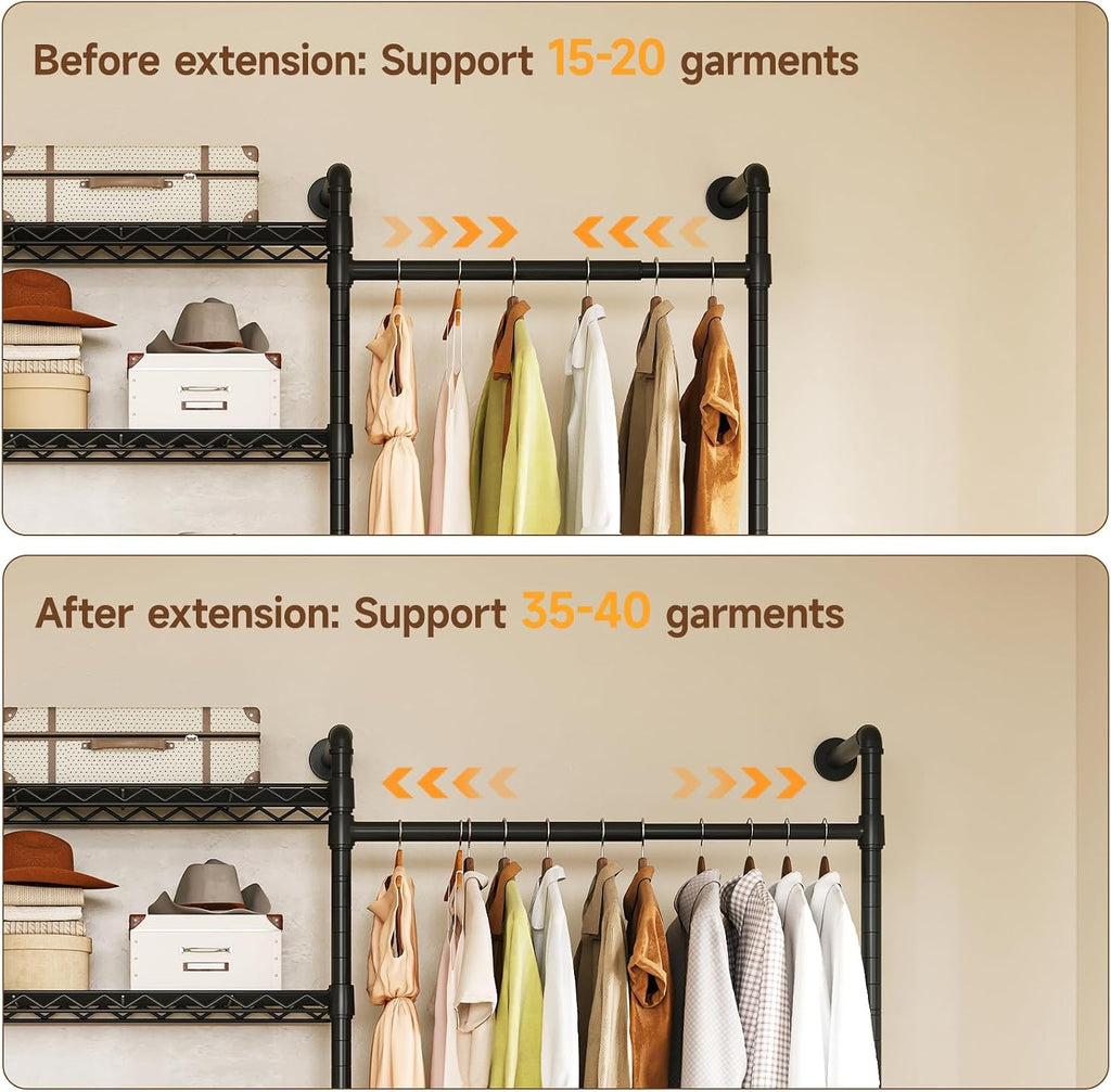 L3 Wall Mounted Industrial Pipe Closet System, Corner Closet Organizers with 4 Telescopic Rods & 6 Shelves, Heavy Duty Clothing Clothes Rack in Wardrobe Closet (Black)
