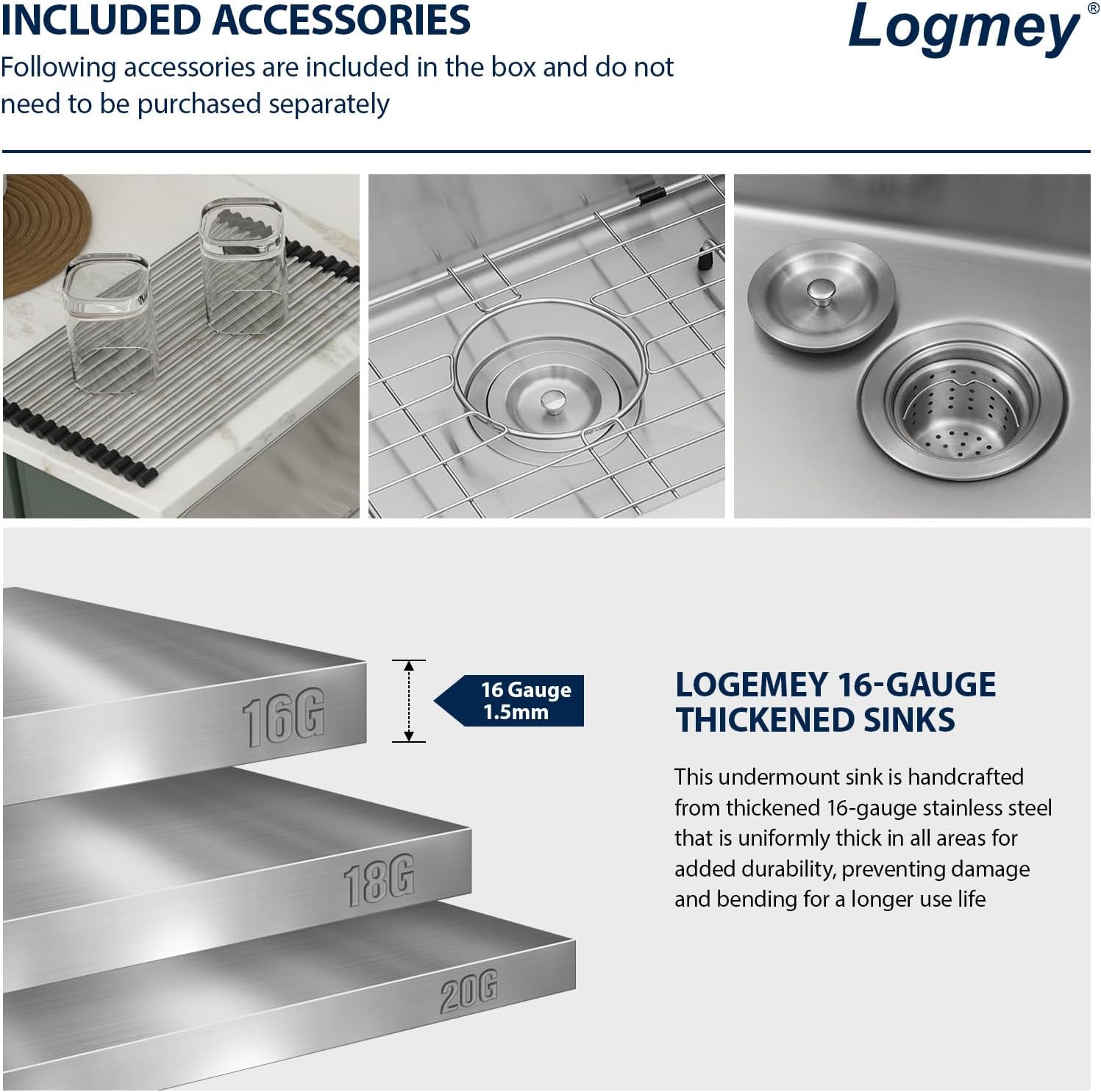 Logmey 33 inch Double Bowl Farmhouse Sink - 33x20 16 Gauge Stainless Steel Farm Sink Apron Front 50/50 Farm Kitchen Sinks