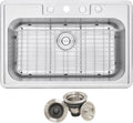 CozyBlock 33 x 22 x 9 Inch Top-mount/Drop-in Stainless Steel Single Bowl Kitchen Sink with Strainer and Protective Bottom Grid - 18 Gauge Stainless Steel-4 Faucet Hole