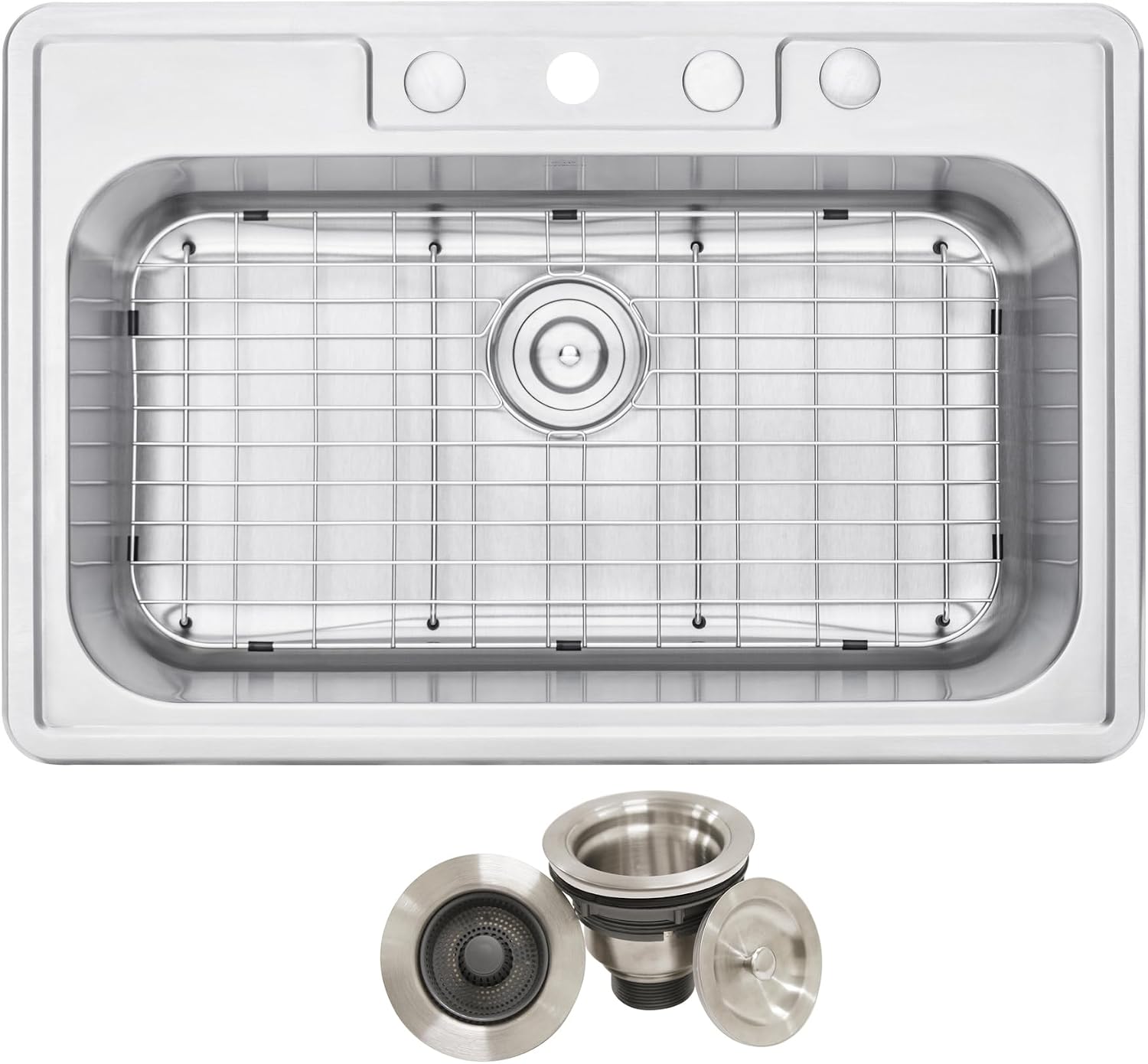 CozyBlock 33 x 22 x 9 Inch Top-mount/Drop-in Stainless Steel Single Bowl Kitchen Sink with Strainer and Protective Bottom Grid - 18 Gauge Stainless Steel-4 Faucet Hole