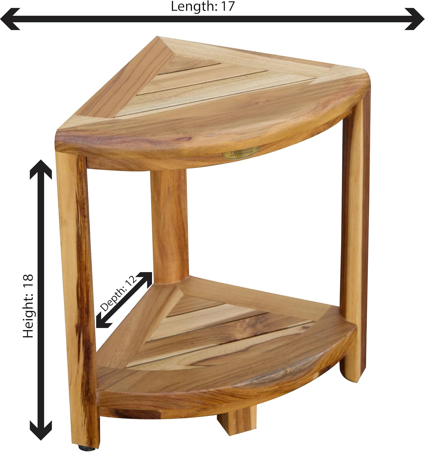 EcoDecors Fully Assembled SnazzyCorner® 18' Teak Shower Bench, Corner Shower Stool, w Shelf in Earthy Teak Finish, Compact Fit for Small Bathrooms & Walk-in Showers – Slip-Resistant Feet, Sauna Bench