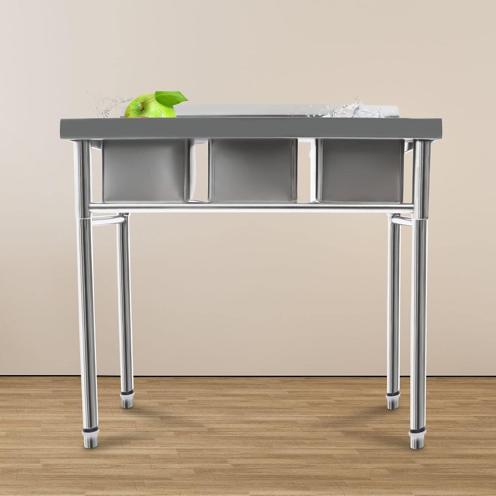 Triple Bowl Kitchen Sink, Free Standing Stainless Steel Sinks with 2 Faucets Cold and Hot Water Pipe for Garages, Laundry rooms, Basements, Terraces, Bars, Kitchens, Bathrooms