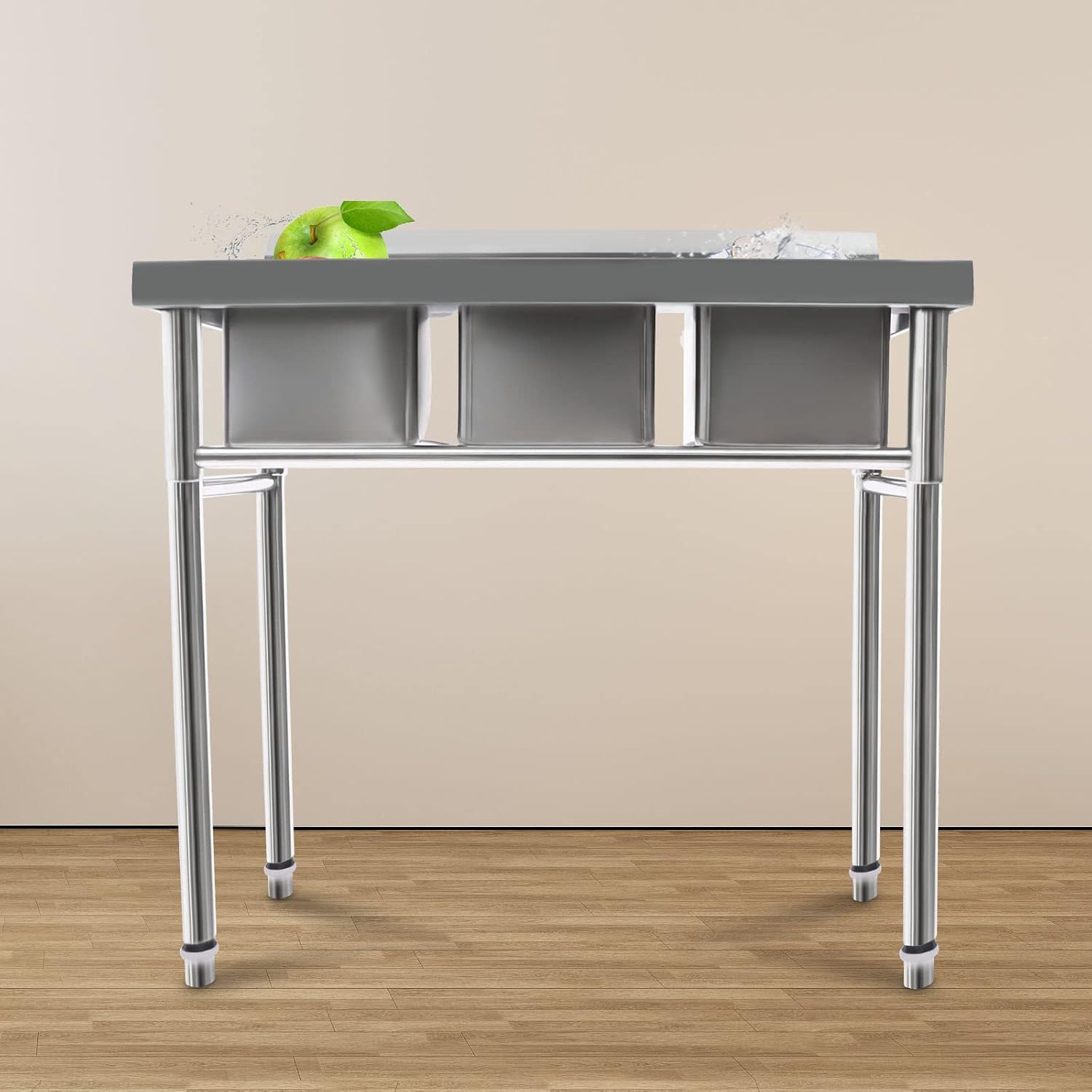Triple Bowl Kitchen Sink, Free Standing Stainless Steel Sinks with 2 Faucets Cold and Hot Water Pipe for Garages, Laundry rooms, Basements, Terraces, Bars, Kitchens, Bathrooms