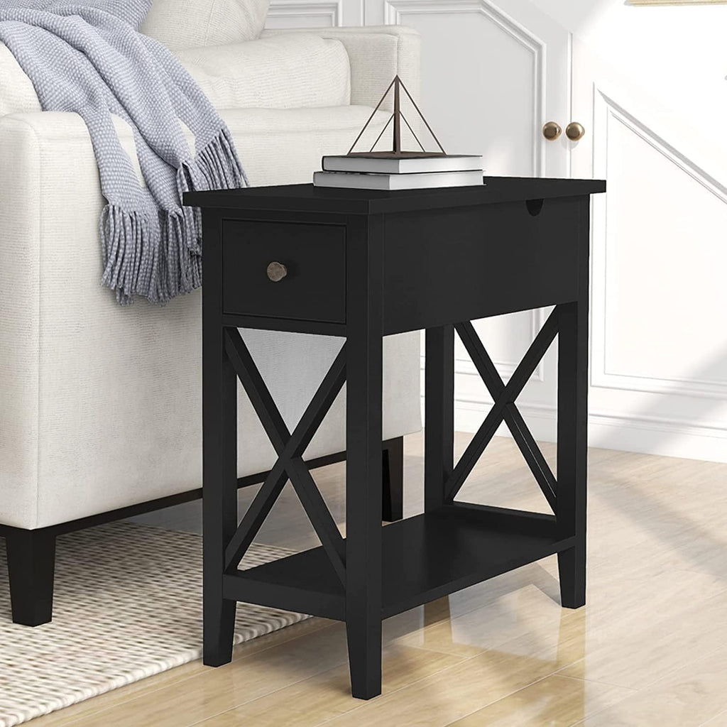 ChooChoo End Table Set of 2, Flip Top Narrow End Table with Drawer, Accent Small Side Table Nightstand for Living Room, Bedroom, and Small Spaces, Blcak