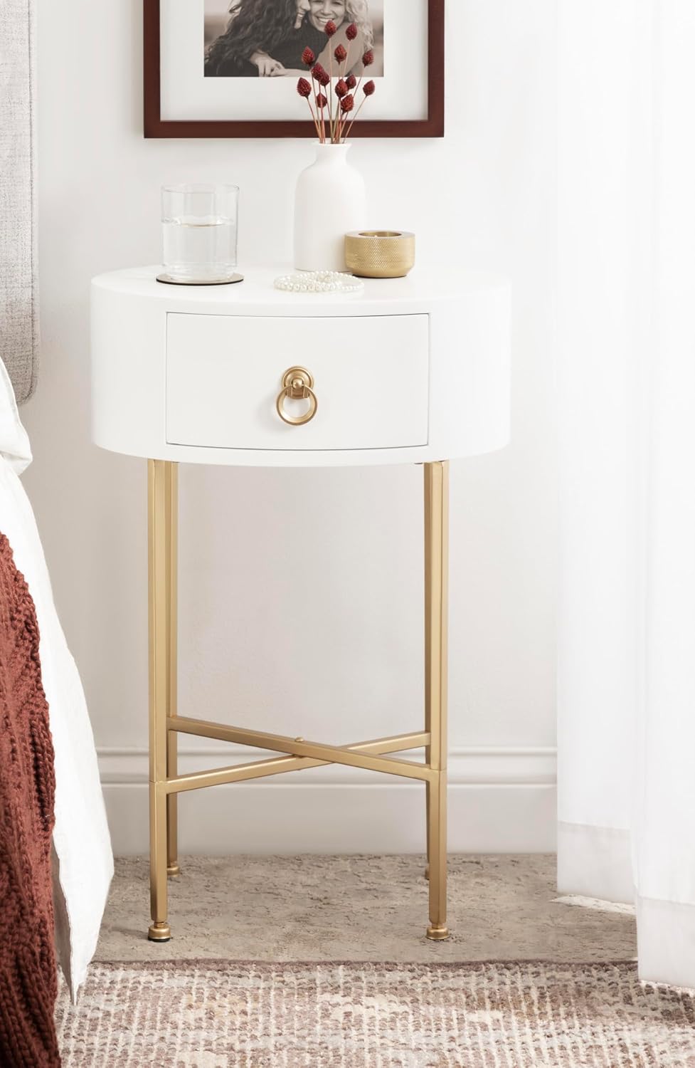 Kate and Laurel Decklyn Decorative Glam Oval Side Table; 16 x 12 x 24; White and Gold; Modern Round Living Room Table with Pull Drawer for Useful Storage