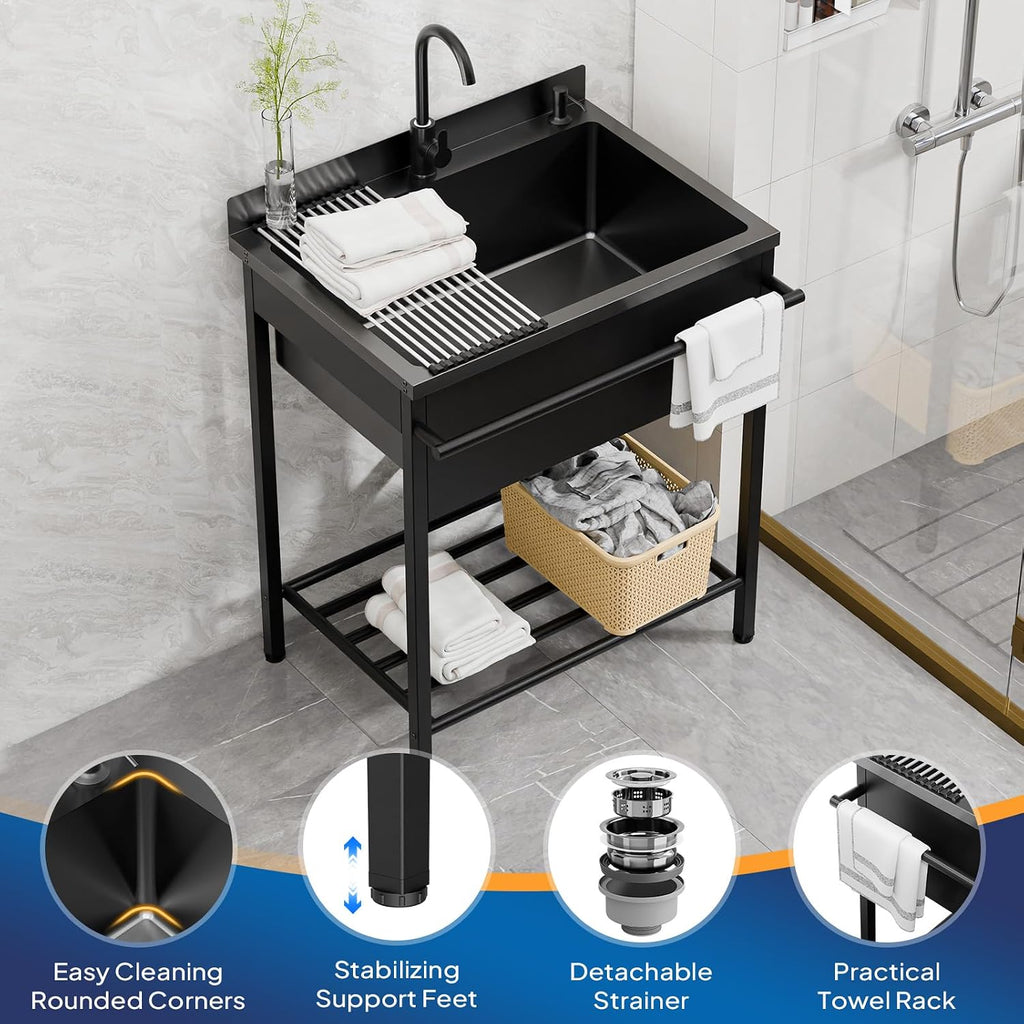 ROVSUN Stainless Steel Utility Sink, Free Standing with Faucet & Draining Rack for Laundry Room, Kitchen, Restaurant, Garage, Outdoor Garden, Backyard, Industrial 22'D x 30.71'W x 40.35'H Black