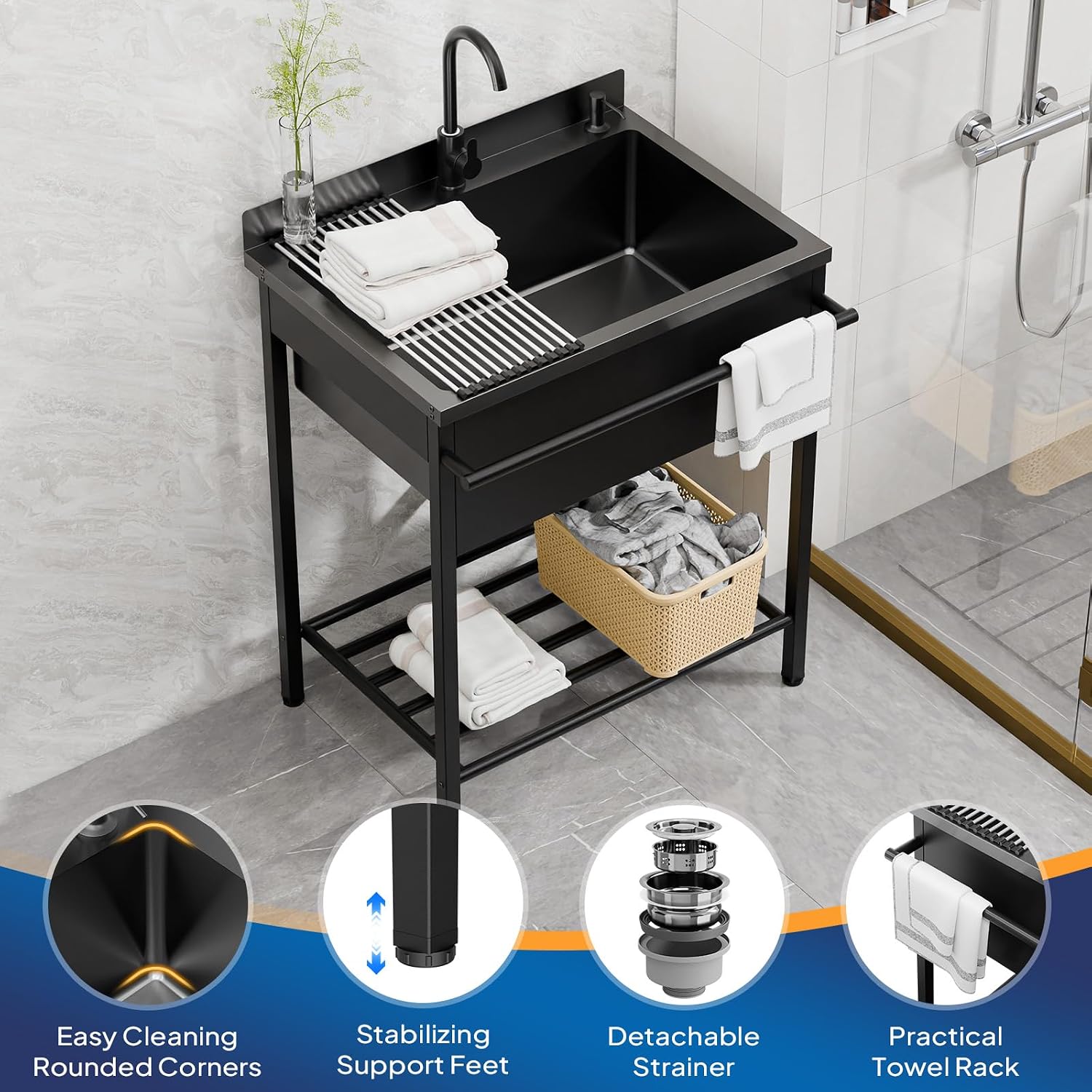 ROVSUN Stainless Steel Utility Sink, Free Standing with Faucet & Draining Rack for Laundry Room, Kitchen, Restaurant, Garage, Outdoor Garden, Backyard, Industrial 22'D x 30.71'W x 40.35'H Black