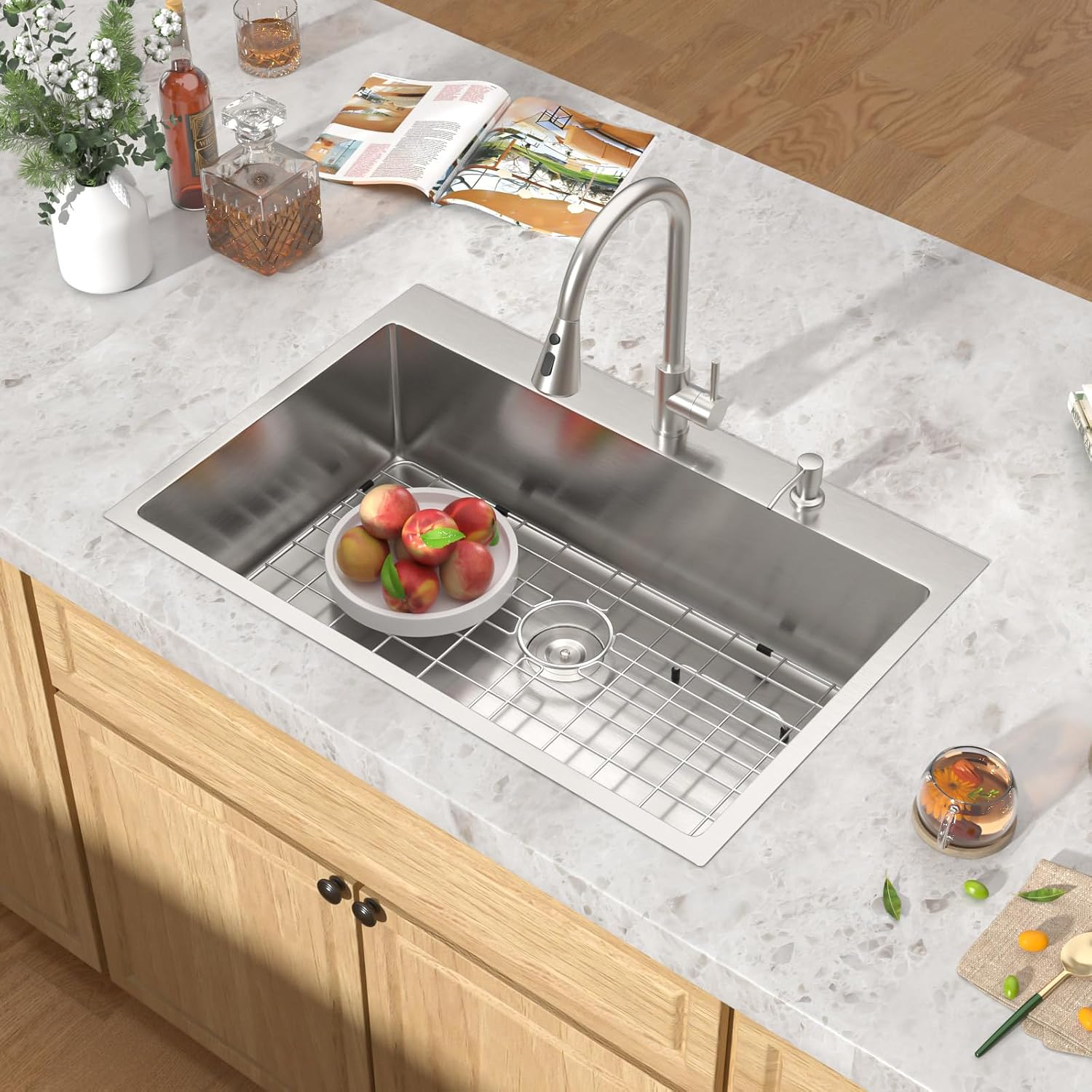 33x22 Drop in Kitchen Sink - 33 Inch 16 Gauge Stainless Steel Topmount Kitchen Sink Single Bowl Deep Over Counter Rectangular Sinks Basin Round Corners #TLT-0039