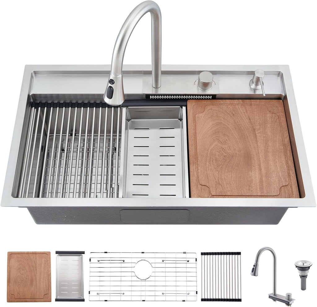 33 Inch Undermount Waterfall Kitchen Sink, 33x19 Undermount Kitchen Sink Stainless Steel Kitchen Sink with Faucet 16 Gauge Single Bowl Multifunctional Kitchen Sink