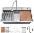 33 Inch Undermount Waterfall Kitchen Sink, 33x19 Undermount Kitchen Sink Stainless Steel Kitchen Sink with Faucet 16 Gauge Single Bowl Multifunctional Kitchen Sink