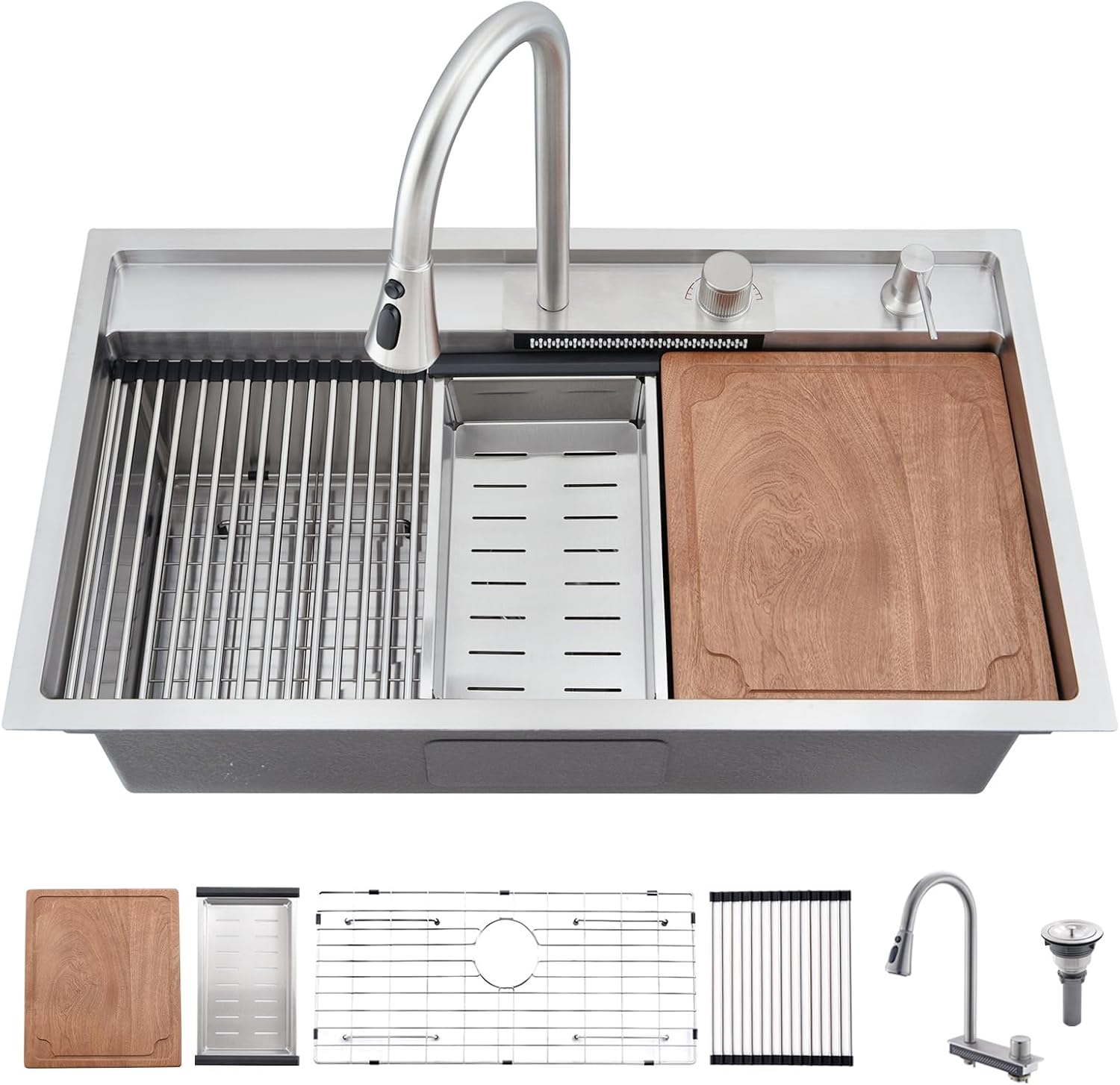 33 Inch Undermount Waterfall Kitchen Sink, 33x19 Undermount Kitchen Sink Stainless Steel Kitchen Sink with Faucet 16 Gauge Single Bowl Multifunctional Kitchen Sink