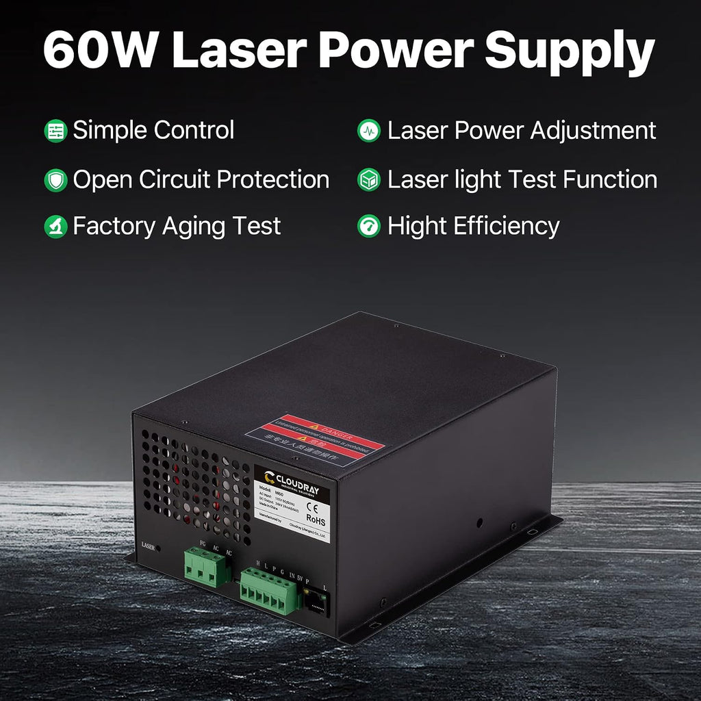 Cloudray 60W Co2 Laser Power Supply 110V for CO2 Laser Tubes Laser Engraver Cutter Engraving Machine MYJG-60W