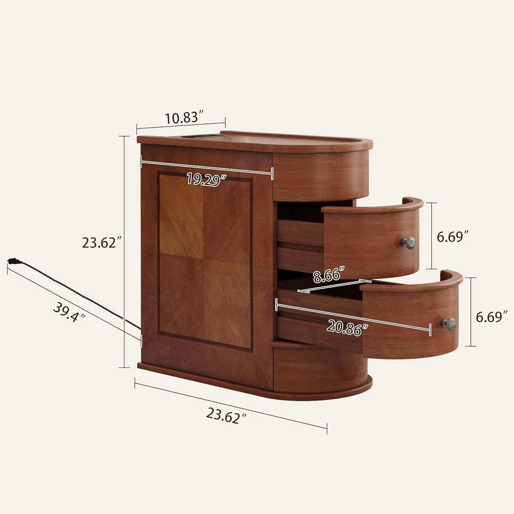 Narrow End Table with Charging Station, Vintage Slim Sofa Side Table & Nightstand with 2 Drawers, Compact Wood Storage for Living Room Bedroom Small Spaces, Fully Assembled, Brown