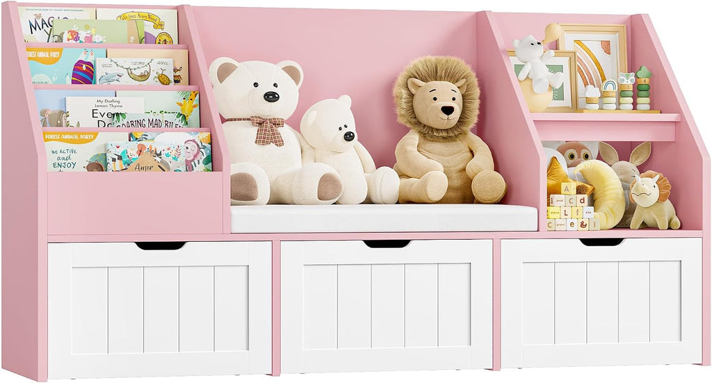 FOTOSOK 55.1'' Kids Bookshelf with Reading Nook, Toy Storage Organizer with Seat Cushion and 3 Movable Drawers, Kids Reading Nook Toy Organizers and Storage with Bench for Playroom, Bedroom, Pink