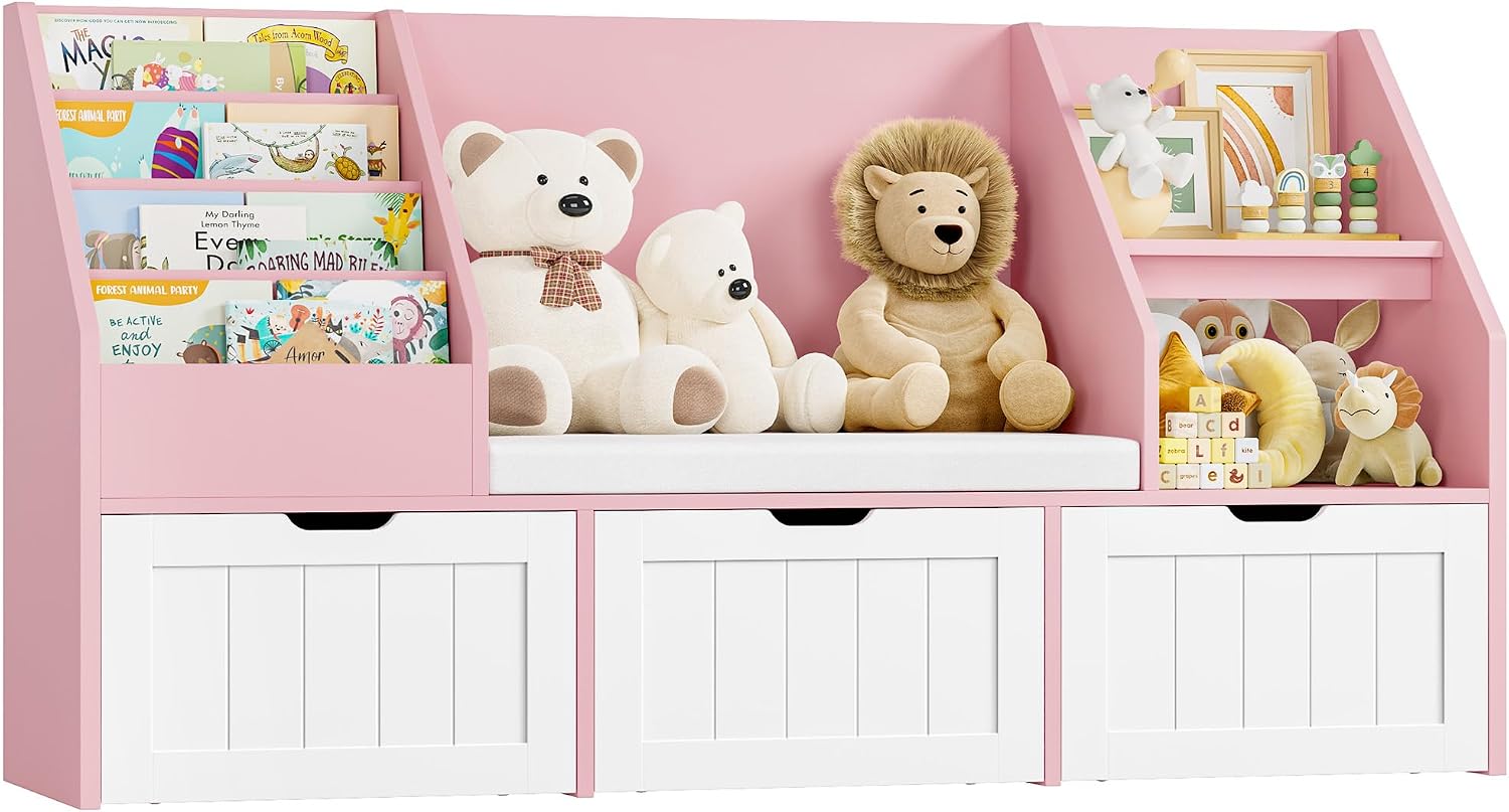 FOTOSOK 55.1'' Kids Bookshelf with Reading Nook, Toy Storage Organizer with Seat Cushion and 3 Movable Drawers, Kids Reading Nook Toy Organizers and Storage with Bench for Playroom, Bedroom, Pink