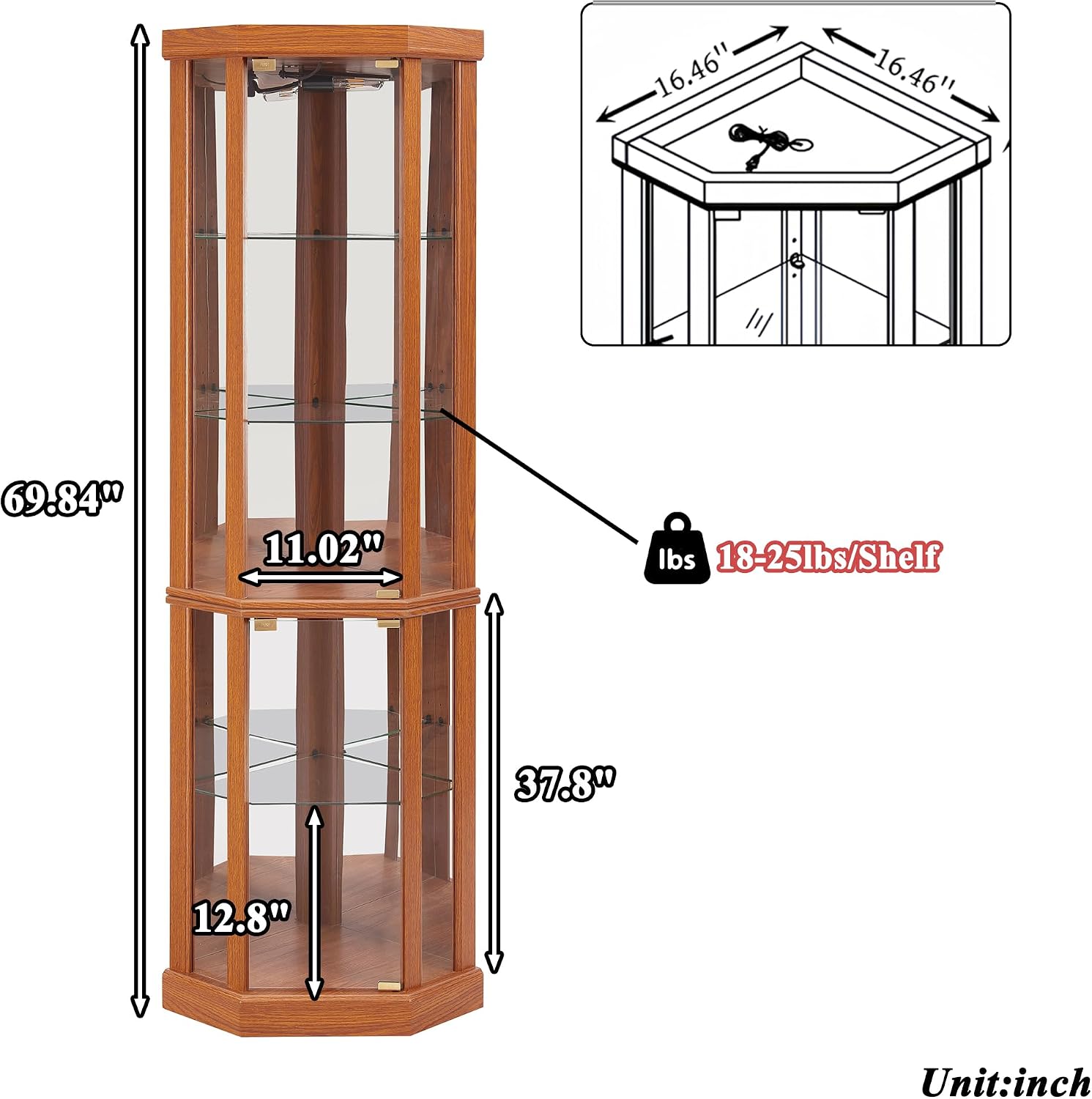 69' H Lighted Corner Display Cabinet, Curio Corner Glass Cabinet w/Adjustable Shelves & Glass Door, 5-Tier Wooden Storage Display Case w/Mirrored Back Pane for Living Room (Dark Oak)