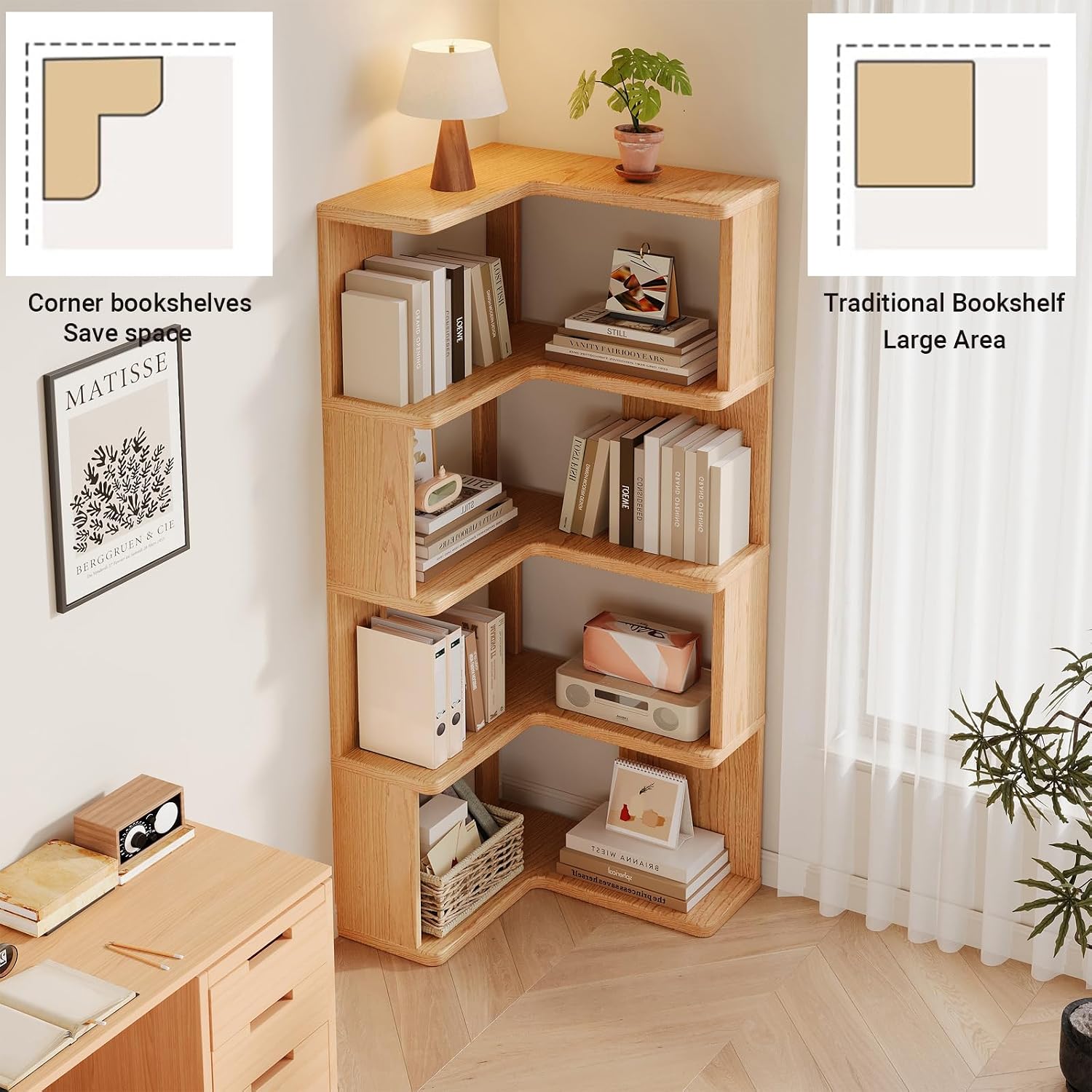 4-Tiers Corner Bookshelf with Storage, Modern Geometric Bookcase, L-Shaped Book case estantes,Wooden Storage Shelves,for Home Office, Living Room, Bedroom (4-Tier)