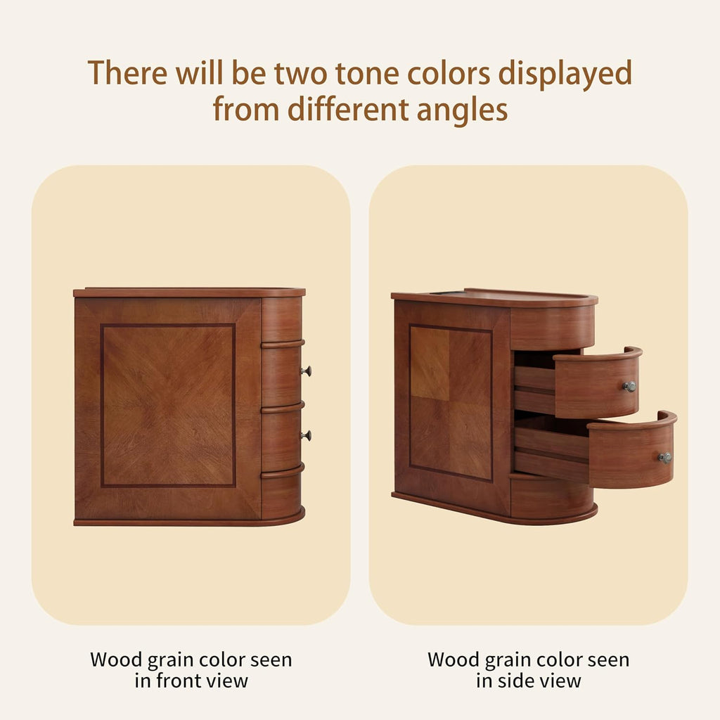 Narrow End Table with Charging Station, Vintage Slim Sofa Side Table & Nightstand with 2 Drawers, Compact Wood Storage for Living Room Bedroom Small Spaces, Fully Assembled, Brown