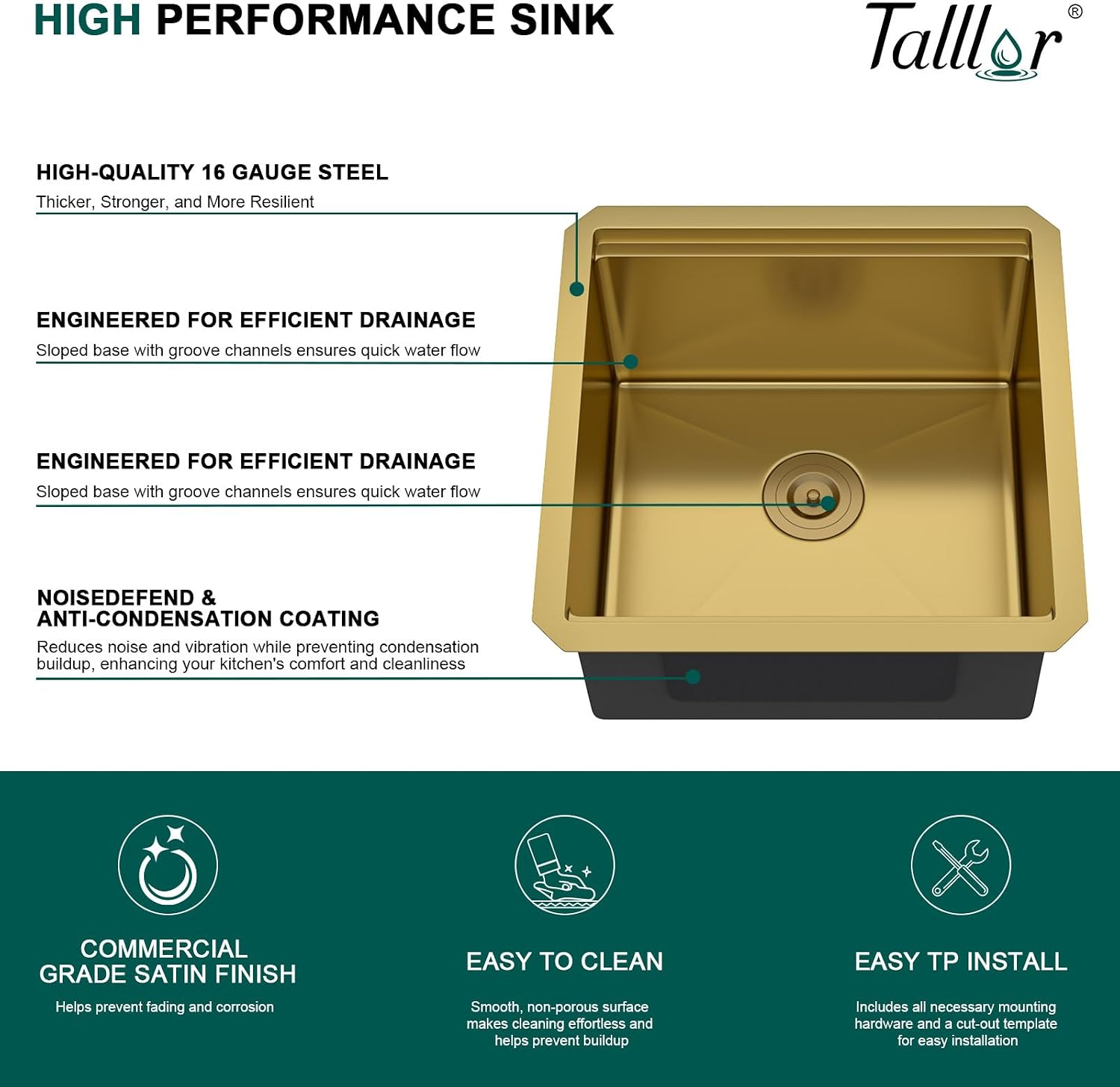 Undermount Bar Sink - 17x17 Inch Workstation Gold Wet Bar Stainless Steel 16 Gauge Single Bowl Under Counter Small Prep Sinks with Cutting Board and Assembly #TLU-0020