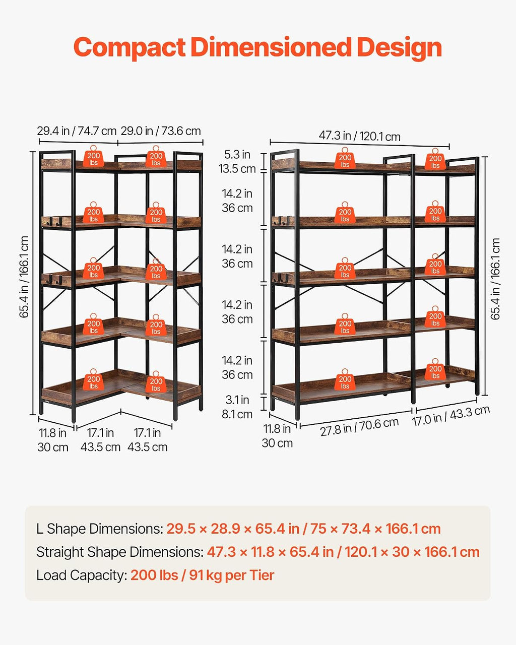 VEVOR 5 Tier Corner Bookshelf, Tall Corner Bookcase with 4 Hooks, L-Shaped Bookshelf Organizer with Metal Frame & Wooden Shelves, Reversible Display Book Shelf Rack for Bedroom, Living Room, Office