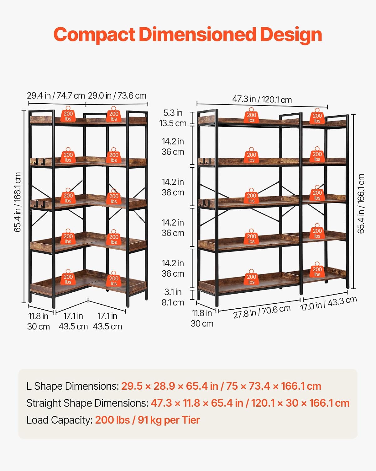 VEVOR 5 Tier Corner Bookshelf, Tall Corner Bookcase with 4 Hooks, L-Shaped Bookshelf Organizer with Metal Frame & Wooden Shelves, Reversible Display Book Shelf Rack for Bedroom, Living Room, Office