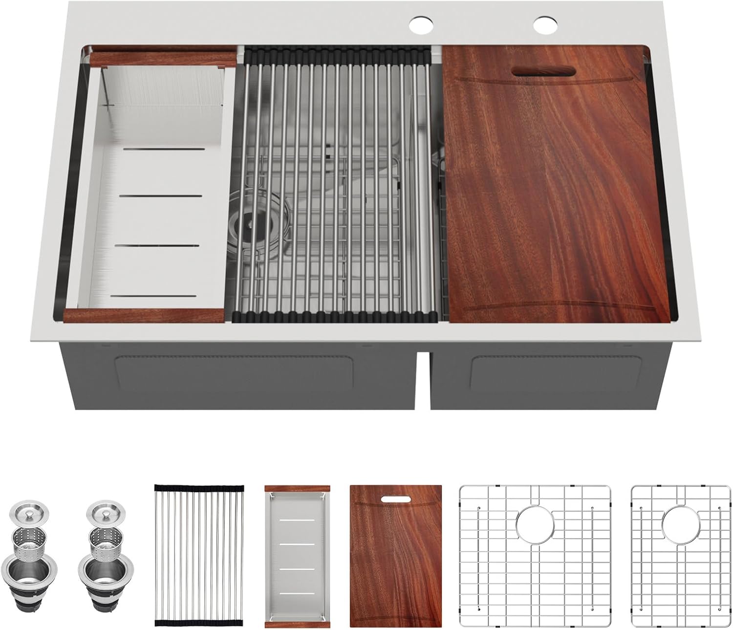 Drop In Kitchen Sink 33 Inch Workstation Double Bowl 60/40 Kitchen Sink With Lower Divider Large 304 Stainless Steel 16 Gauge Above Counter Topmount 33x22x10 Kitchen Sinks