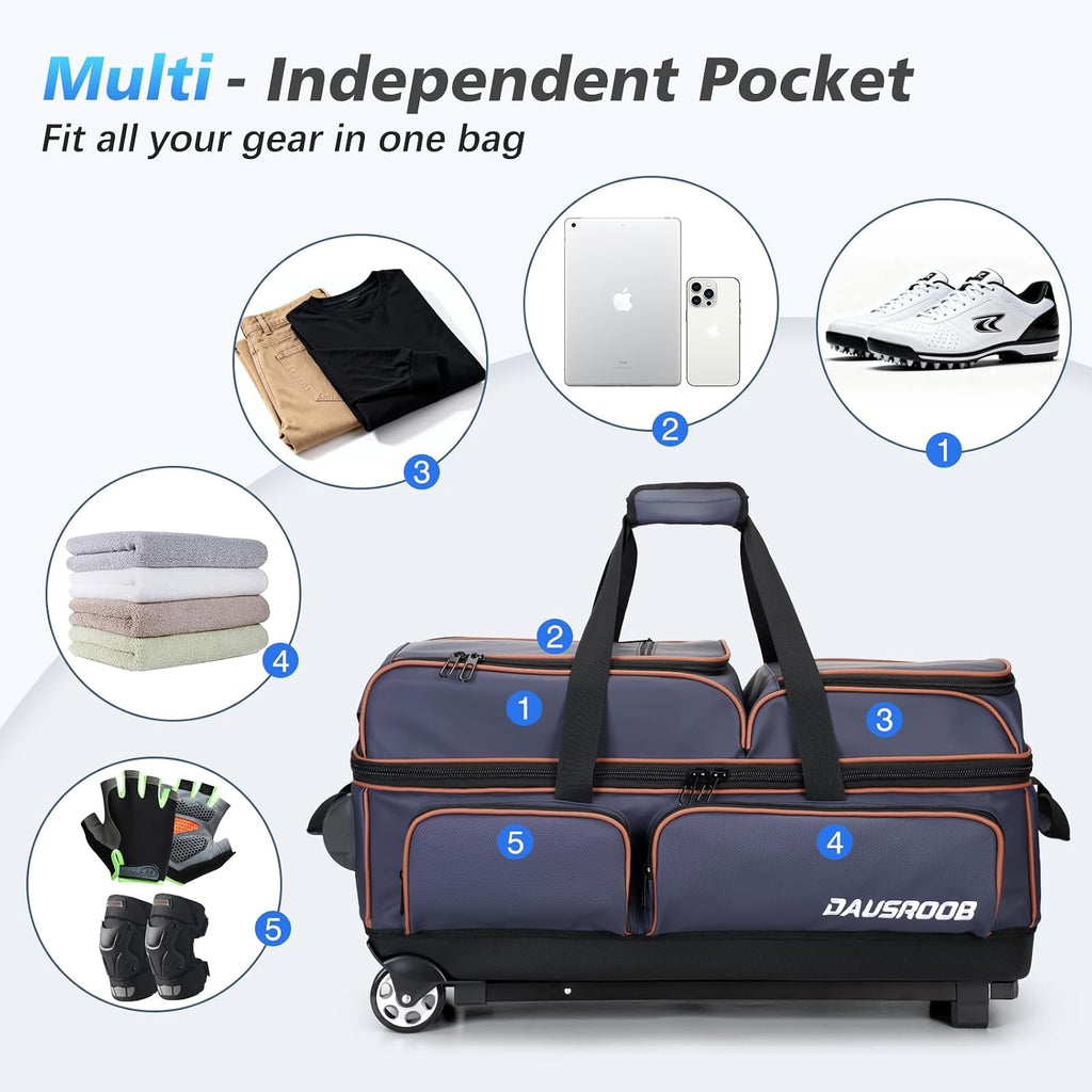 3 Ball Bowling Bags with Wheels, Bowling Bags 3 Ball Roller - 900D Oxford Waterproof PU, Bowling Bag with Multi-Separate Storage Pockets & Retractable Handle Extends to 40''