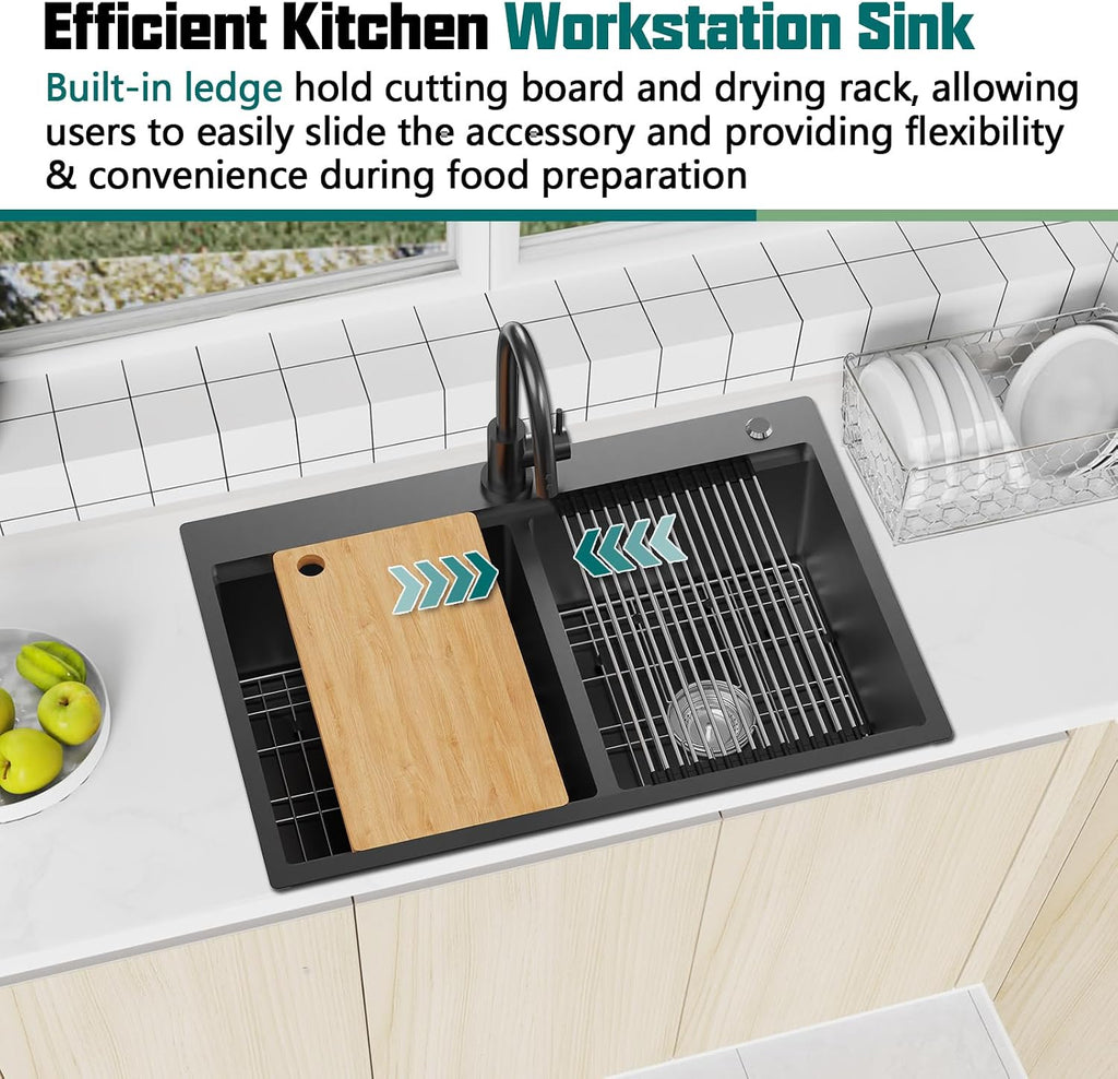 Black 50/50 Double Bowl Kitchen Workstation Sink, 33'x22' Stainless Steel Drop In Kitchen Sink Easy To Multitasking With Cutting Board,Drying Rack,Silicon Mat,Sink Grid And Drain Assembly