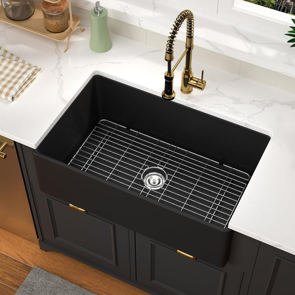 Black Farmhouse Sink Workstation 33x20 Kitchen Sink 33 Inch Black Fireclay Porcelain Apron Front Kitchen Sinks Single Bowl 10 Inch Deep Ceramic Farm Sinks