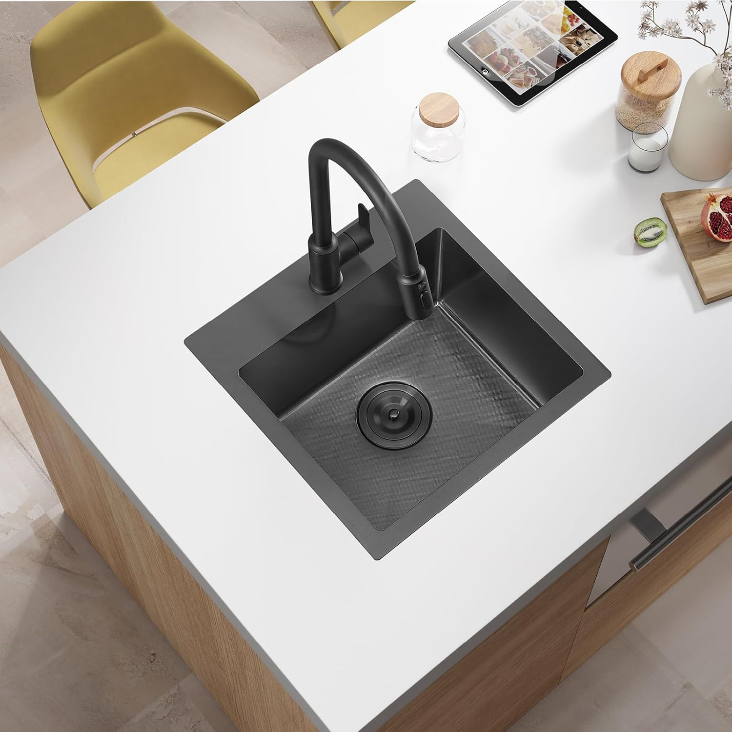 ATTOP 18 Inch Black Drop in Bar sink,18x18 Inch Nano Black Stainless Steel Handmade Small Single Bowl Sink Drop In Kitchen Bar sink