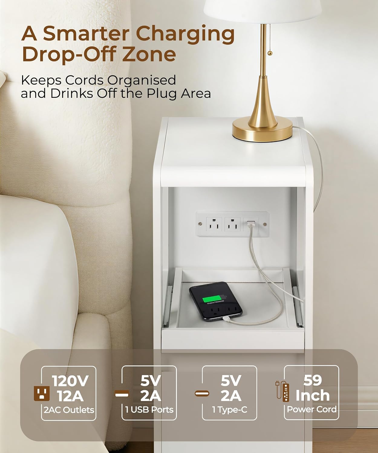 Narrow Side Table Small End Table with Charging Station White Skinny End Tables with Drawers Slim Wood Nightstand Modern Couch Sofa Side Tables Tray for Living Room Bedroom Small Spaces