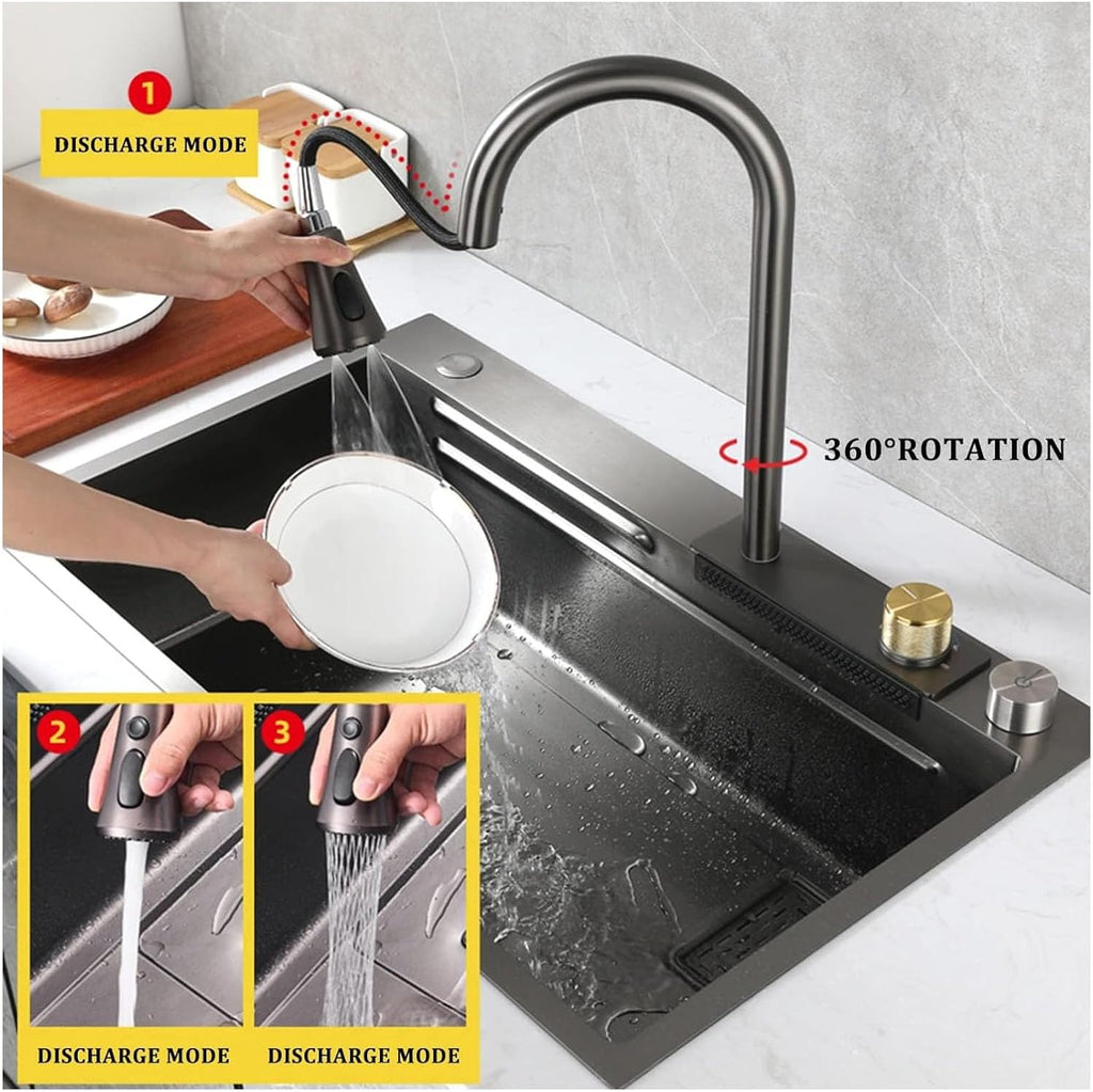 Single Bowl Kitchen Sink 304 Stainless Steel Bar Sink Household Multi-Function RV Sink with Faucet and Cup Washer Drop in Or Under Mount (Color : Grey, Size : 68x45x22cm) (Gun Grey 68x45x22cm