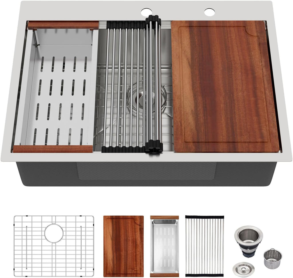 25x22 Drop in Kitchen Sink 25x22x9 Inch Workstation Stainless Steel Sinks 16 Gauge Topmount Single Bowl Kitchen Bar Sink Bowl