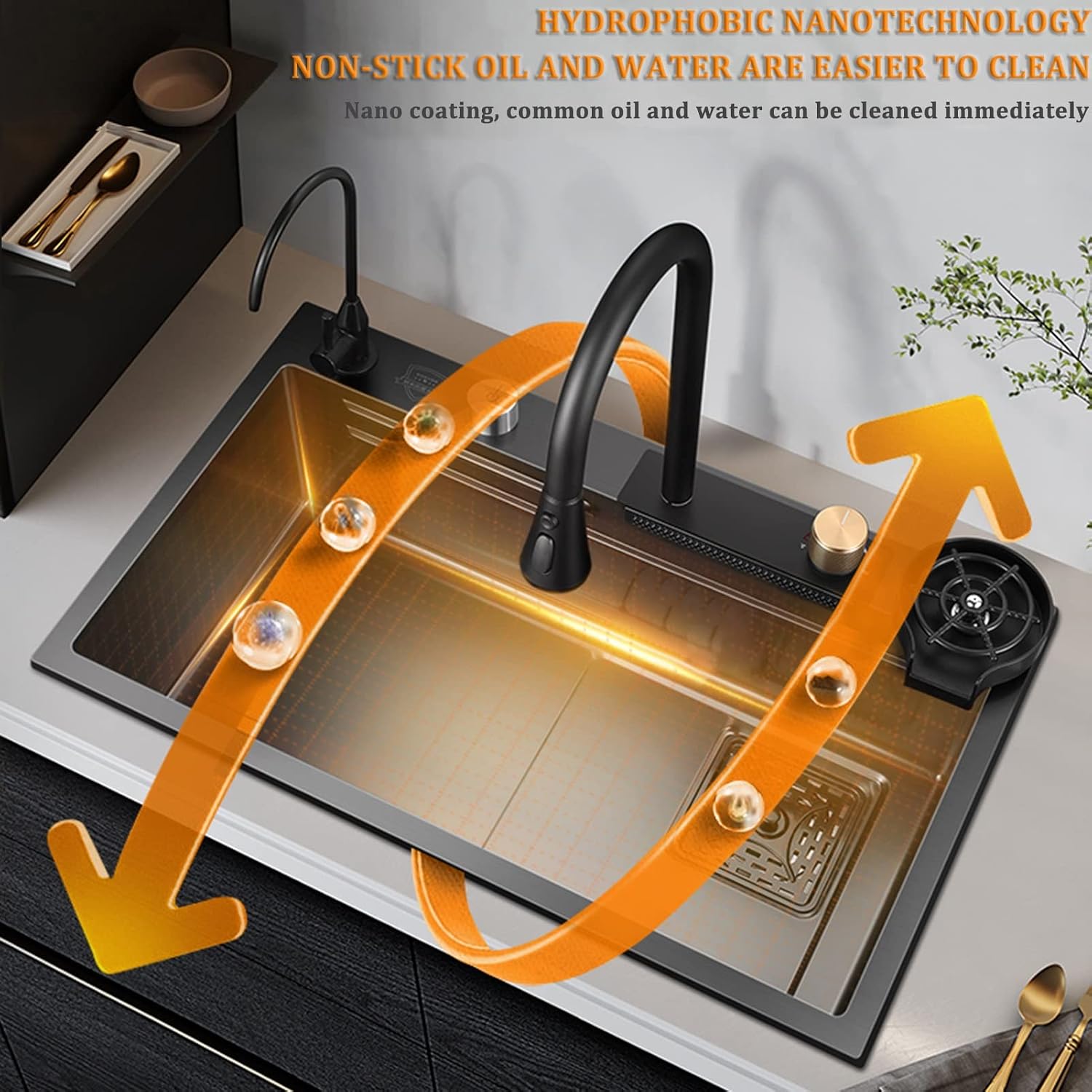 Generic Black Single Bowl Kitchen Sink 304 Stainless Steel Bar Sink Multi-Function Rv Sink with Faucet and Drainage Cponents Top Mount Or Under Mount (Color : Black, Size : 68x45x22cm)