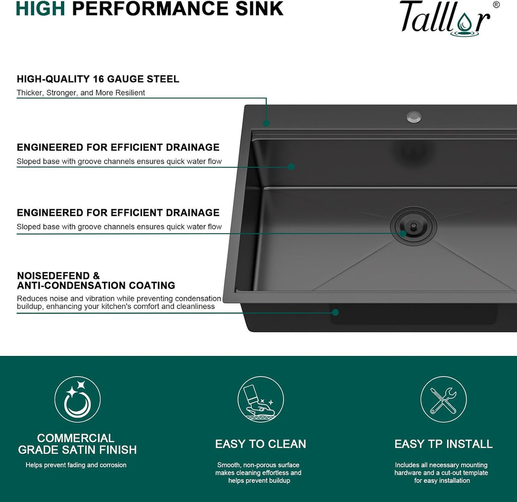 Drop In Kitchen Sink - 33x22 Drop In Gunmetal Black Kitchen Sink with Faucet Combo Workstation NANO-PVD 16 Gauge Stainless Steel Topmount Single Bowl Sinks Round Corners #TL-FDOE00097