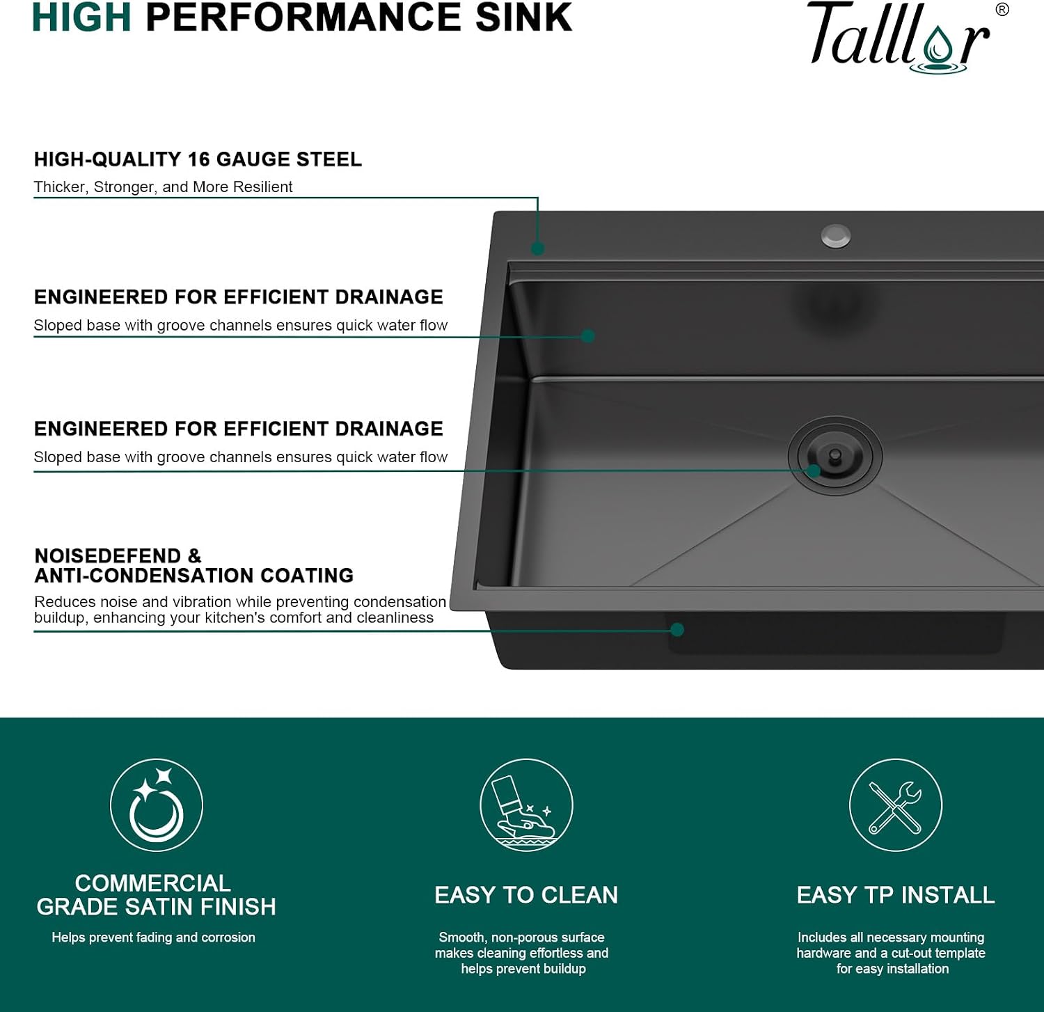 Drop In Kitchen Sink - 33x22 Drop In Gunmetal Black Kitchen Sink with Faucet Combo Workstation NANO-PVD 16 Gauge Stainless Steel Topmount Single Bowl Sinks Round Corners #TL-FDOE00097