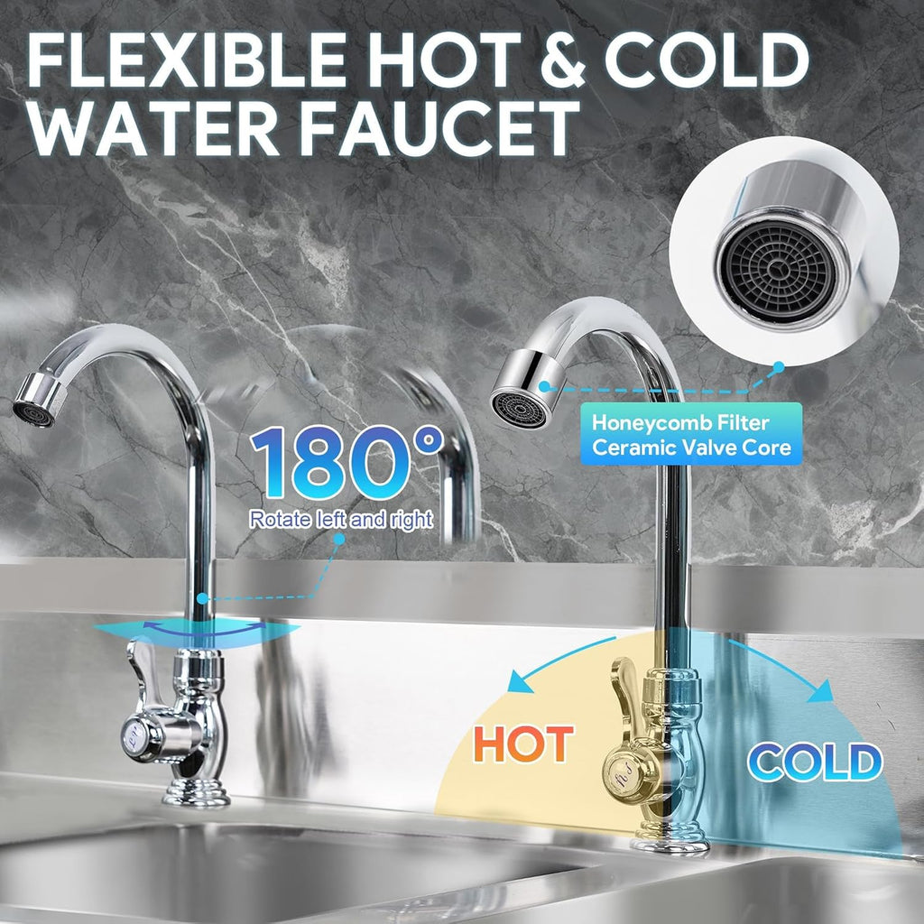 3 Compartment Stainless Steel Sink, 39'' × 18'' × 36'' Commercial Utility Sink, Free Standing Three Bowl Kitchen Sink Set with 2 Faucets Hot & Cold Water Pipes for Food Truck, Bar, Restaurant