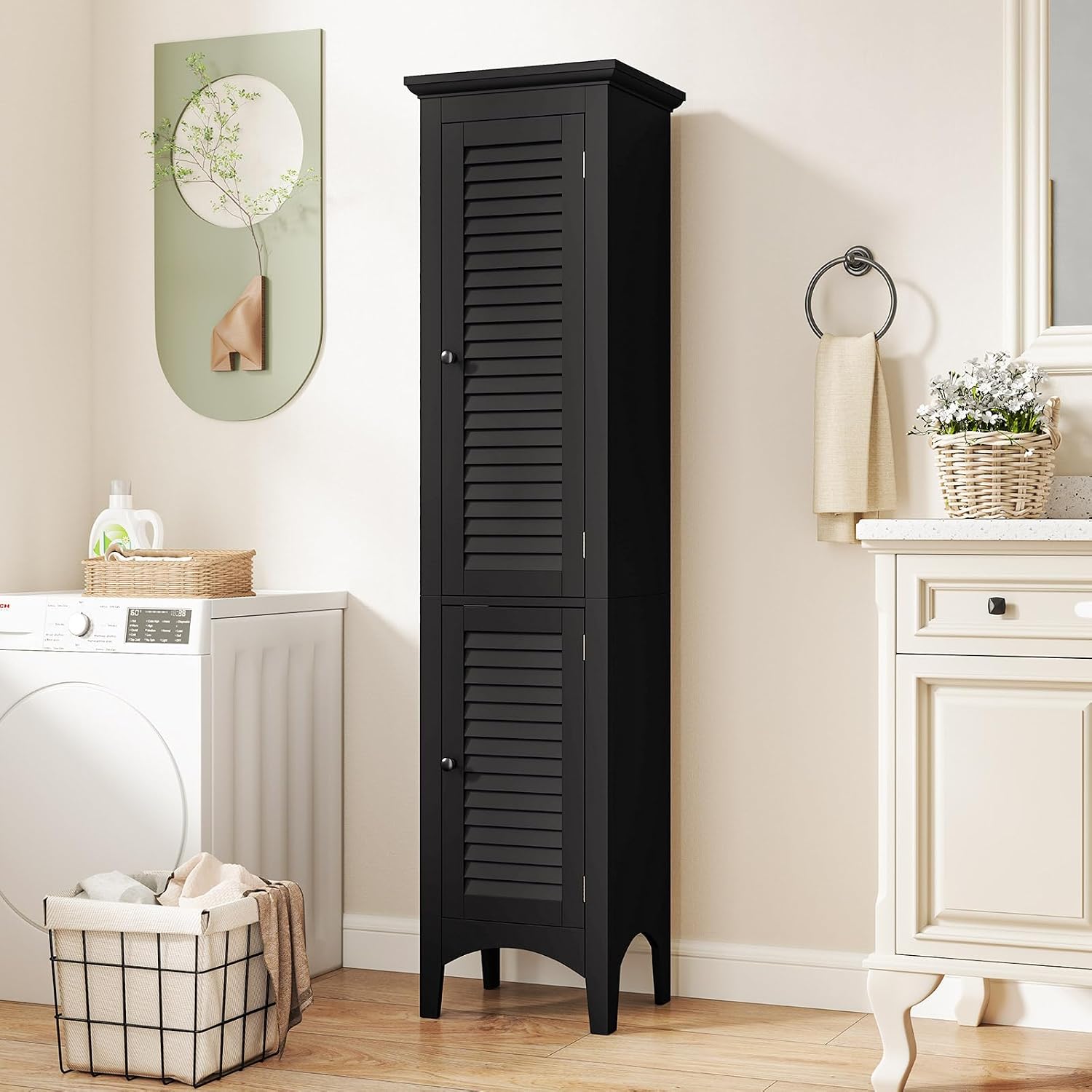 Tangkula 63' Tall Bathroom Storage Cabinet, Freestanding Narrow Linen Tower with Adjustable Shelf, Modern Slim Floor Cabinet with 2 Doors for Bathroom, Living Room, Kitchen (Black)