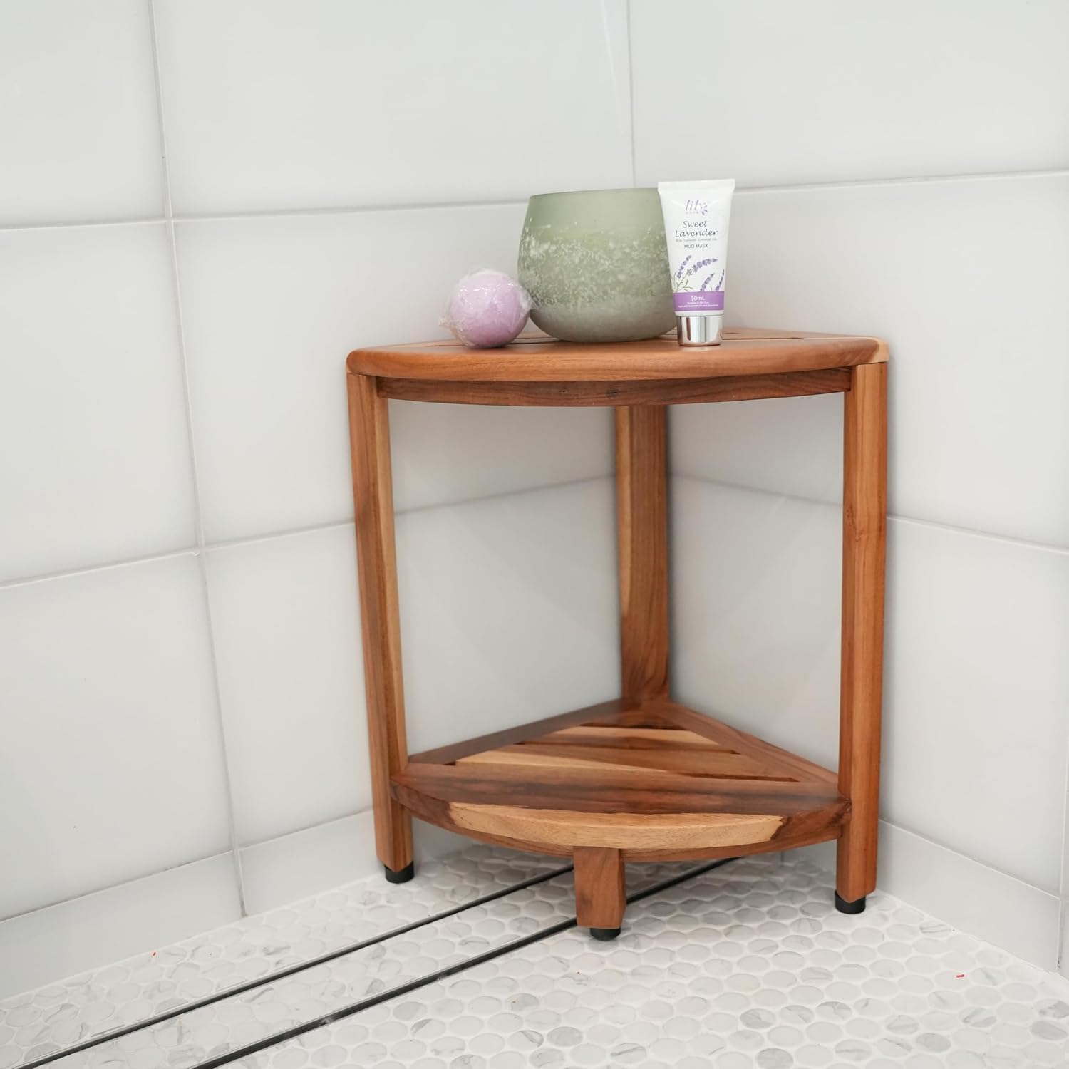 EcoDecors Fully Assembled SnazzyCorner® 18' Teak Shower Bench, Corner Shower Stool, w Shelf, Plus Loveable Teak Oil Spray Bottle 24 oz, Loveable Teak Cleaner 32 oz, Space Saver Corner be