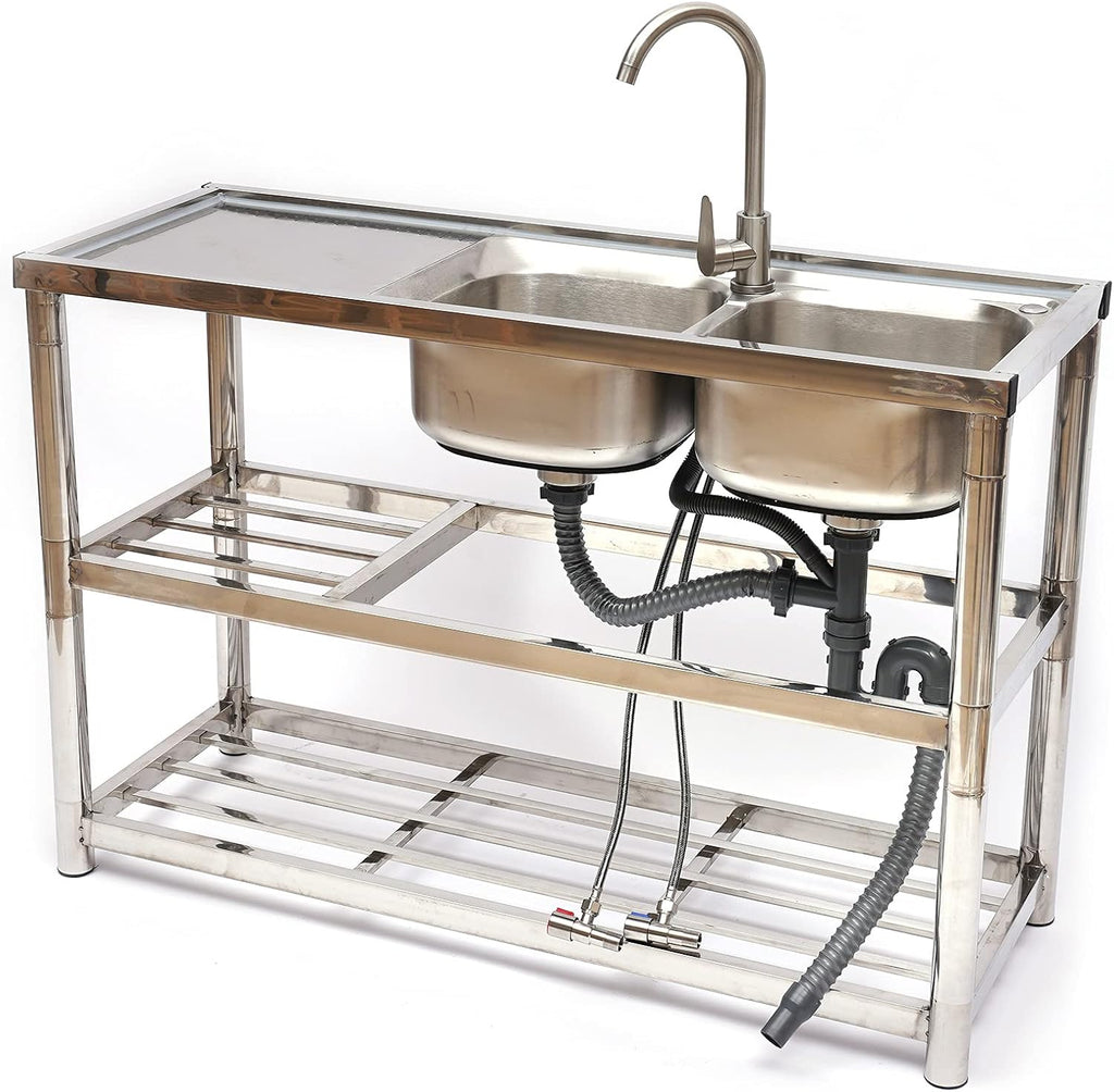 2 Compartment Commercial Sink, 304 stainless Steel Sink Indoor Free Standing Sinks for Kitchen, Garage, and Restaurant, Washing Hand Basins&Storage Shelves&Drainboard