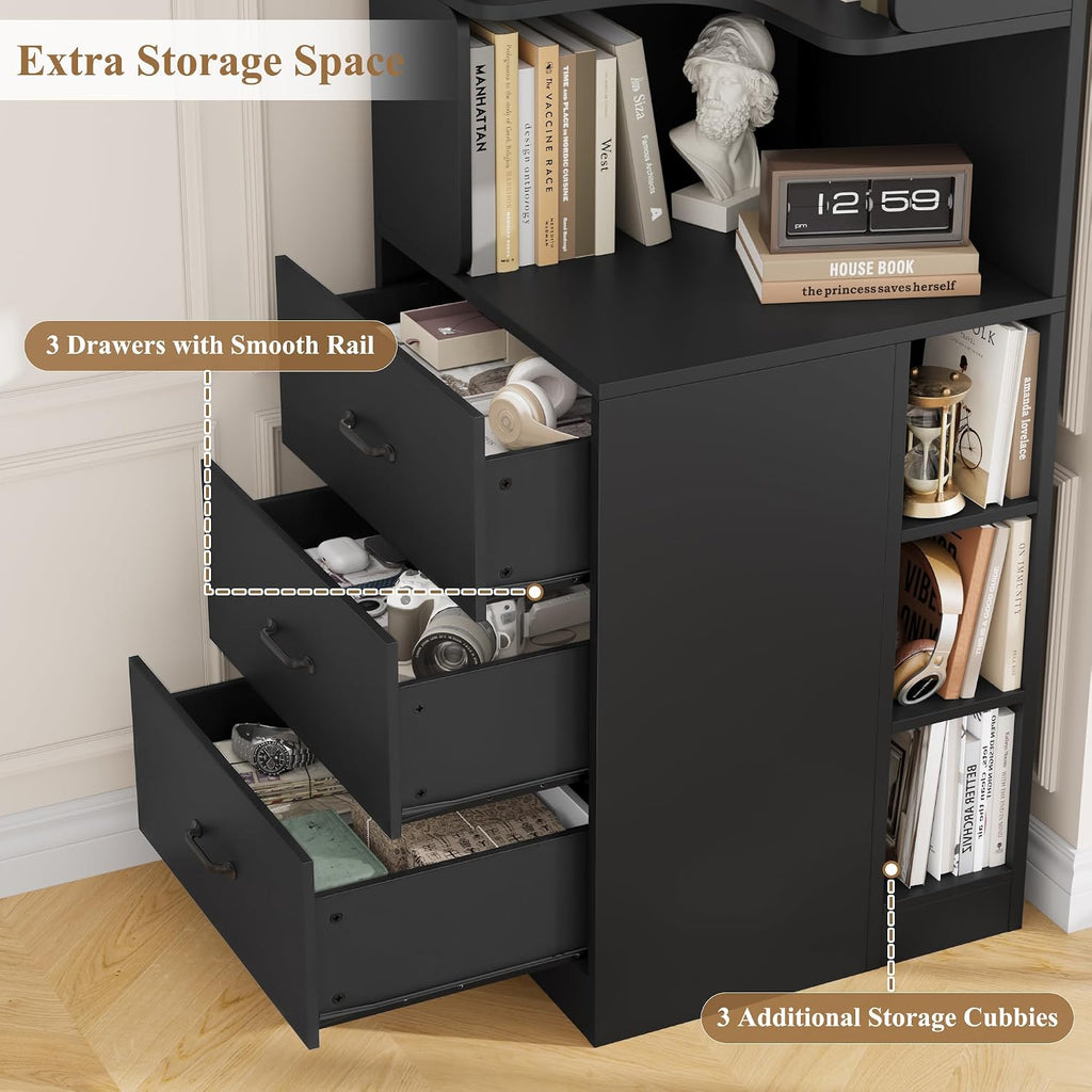 FACBOTALL 76.8' Corner Bookshelf with 3 Drawers and 3 Side Storage Cubbies, L Shaped Tall Bookshelf and Bookcase, 4 Tier Corner Bookcase, Wood Narrow Book Shelf for Living Room, Office, Black