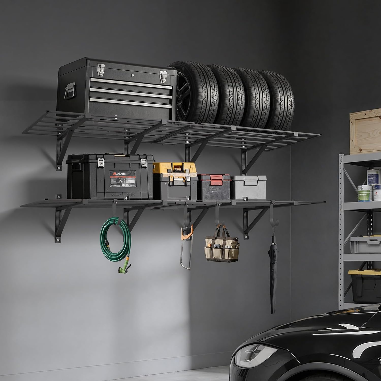 VEVOR 2-Pack Heavy Duty Garage Wall Shelving, 2 x 6 ft Steel Wall Mounted Shelving Unit, 24 x 72 Inch Per Shelf Floating Storage Metal Rack for Garage, 1600 lbs Total Weight Capacity