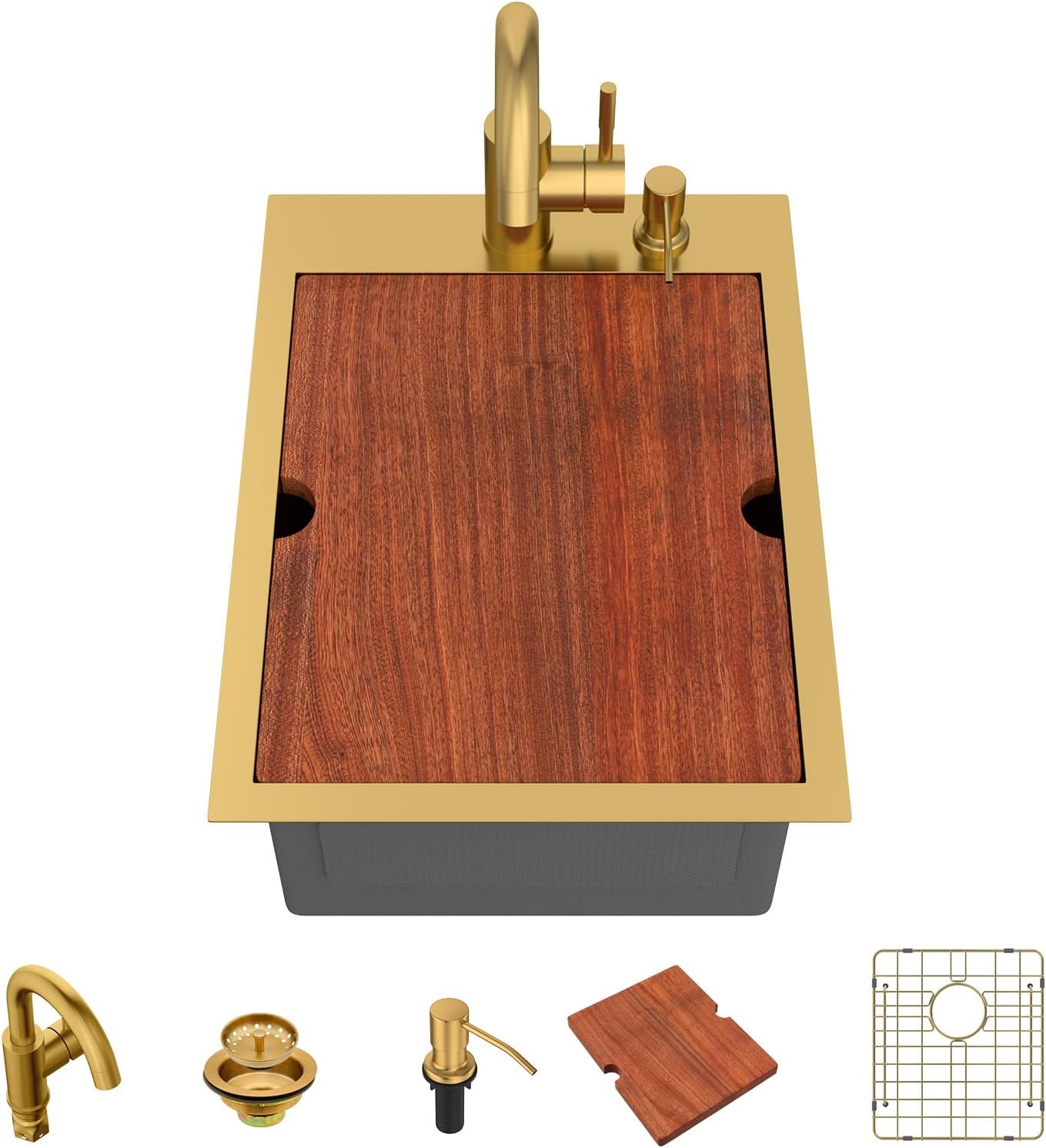 Bar Sink - Lordear 15x20 Inch Gold Bar Sink with Faucet Drop In Workstation 16 Gauge T304 Stainless Steel Single Bowl Top Mount Wet Bar RV Prep Outdoor Kitchen Sink 15x20x9 Inch